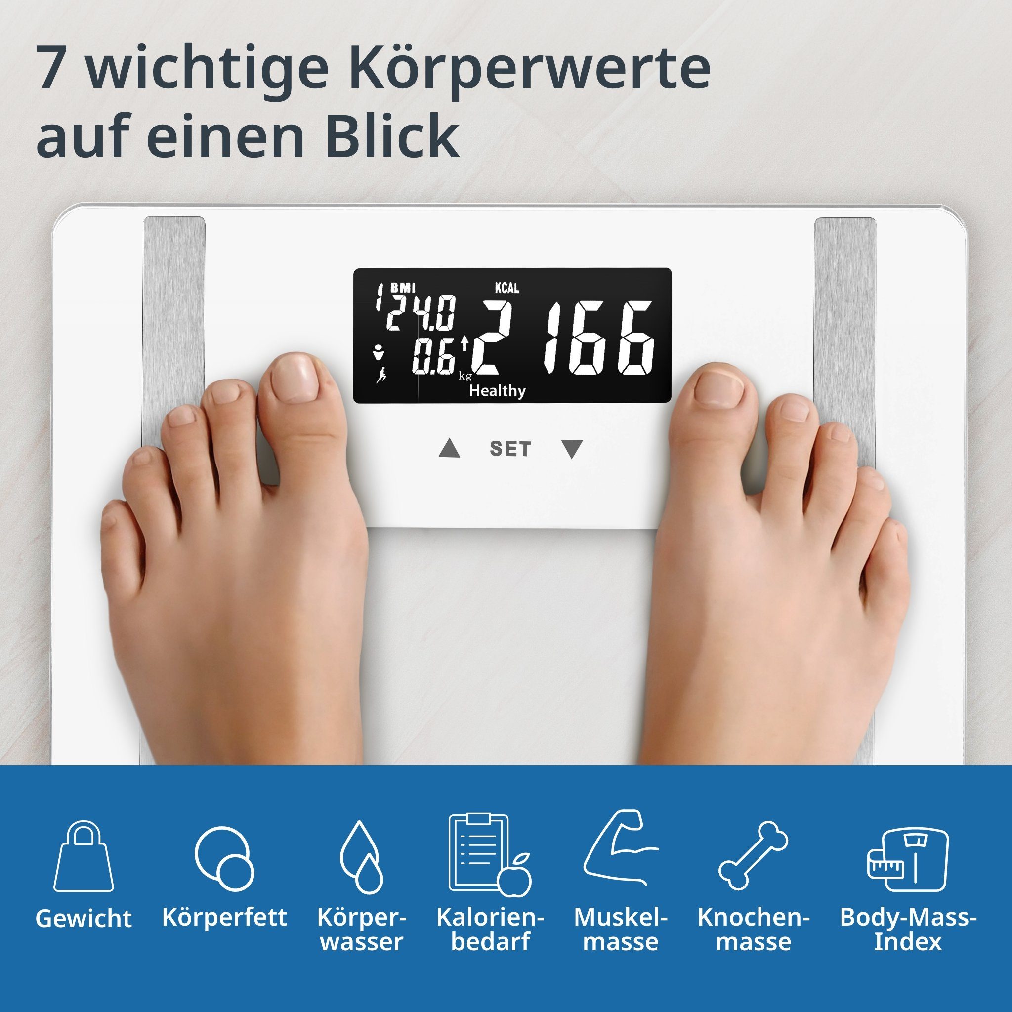 ADE Körper-Analyse-Waage Personenwaage digital Körperfettwaage Ines bis 200 kg, Körperwaage mit Körperfettanalyse, Testsieger Stiftung Warentest