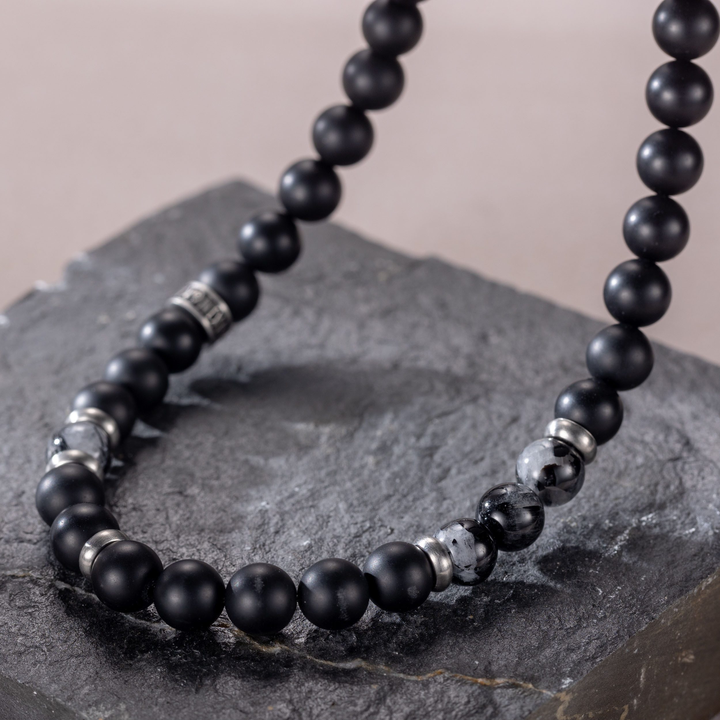 Kingka Perlenkette Schmuck Geschenk Edelstahl Halsschmuck Halskette, mit Obsidian - mit Muschelperle