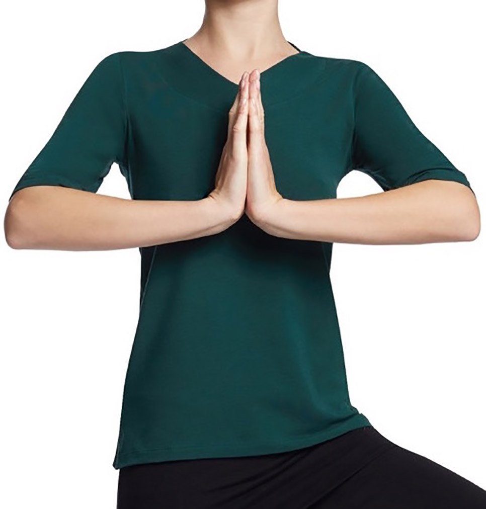 ESPARTO Yogatop Damen-Shirt Sundar in Bio-Baumwolle lang geschnitten und leicht geschlitzt, 2/3 Ärmel, V-Ausschnitt Thymian