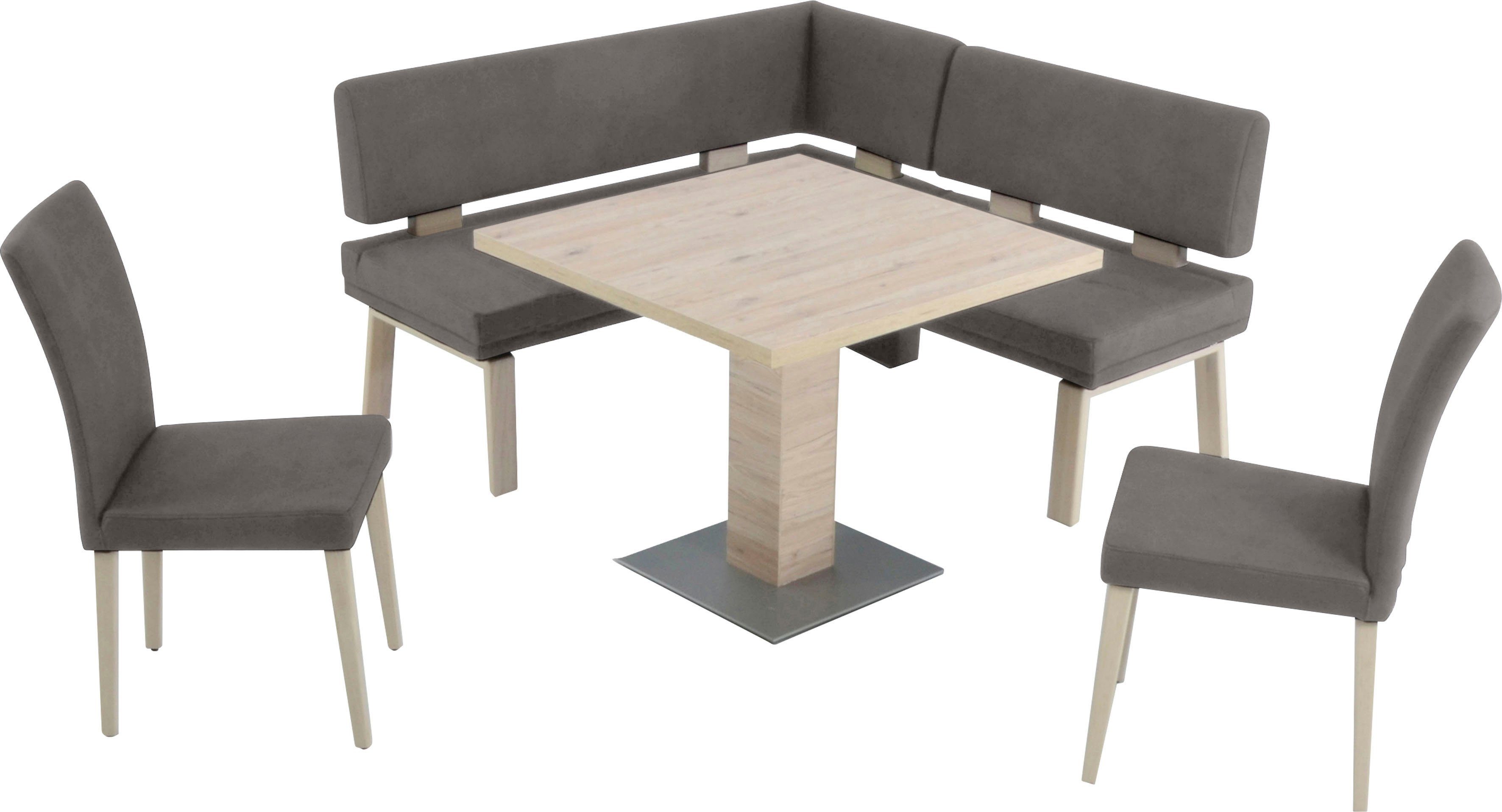 K+W Komfort & Wohnen Eckbankgruppe Santos I, gleichschenklig 157cm, zwei 4-Fußholzstühle und Tisch 90x90cm, Eiche darkgrey