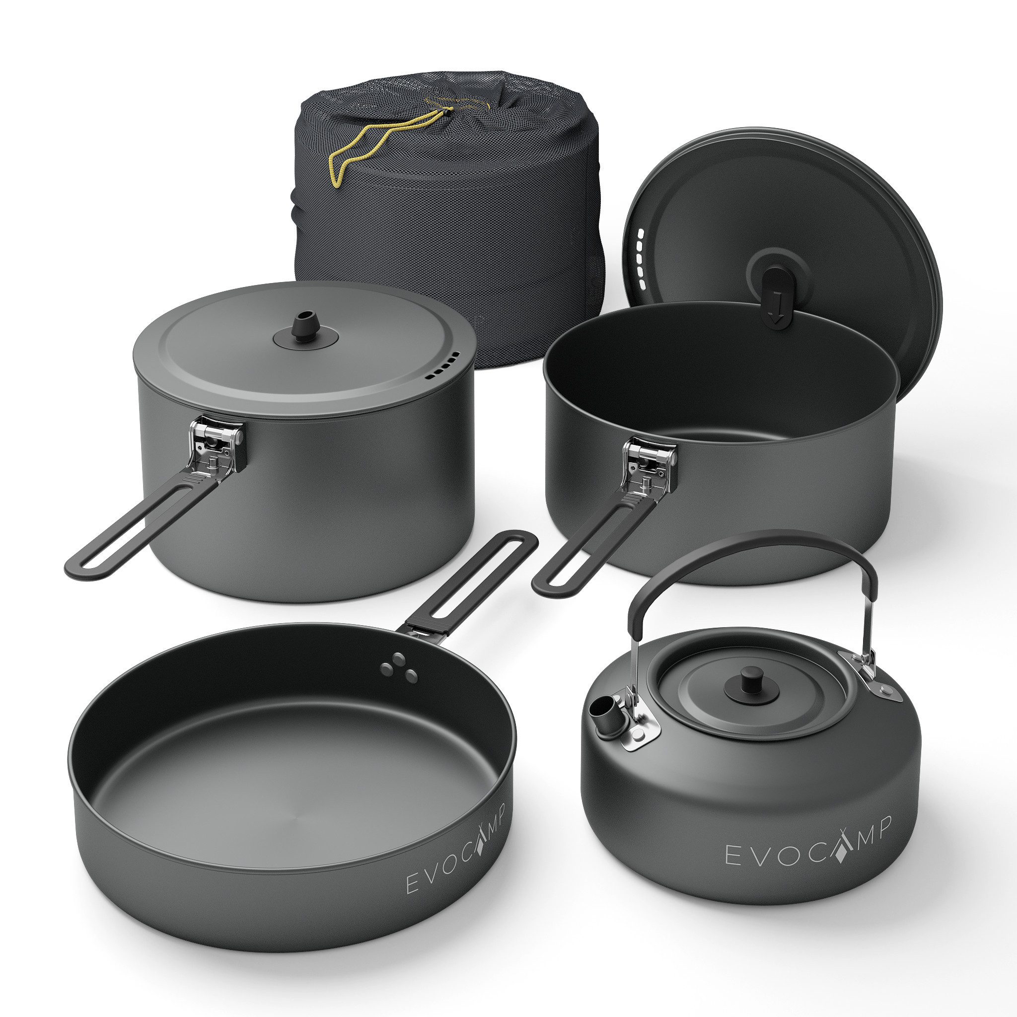 EVOCAMP Topf-Set Camping Kochgeschirr Set 4-teilig aus Aluminium für Camping & Outdoor, Aluminium (hartanodisiert), leichtes stapelbares Camping Geschirr mit Klappgriffen und Tasche