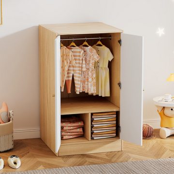 JOIVI Kleiderschrank Kleidungschrank mit Stange, 2-türiger Kinderkleiderschrank (1 er Set Kleidungschrank in Natur und Weiß, für Schlafzimmer, Kinderzimmer, Wohnzimmer) Drehtürenschrank mit 2 Fächer
