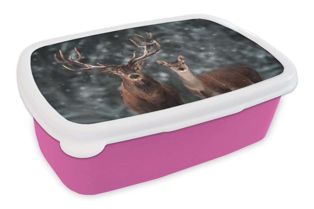 - Natur, Hirsche - Brotbox für Geweih MuchoWow Brotdose Lunchbox Snackbox, - Erwachsene, - Kunststoff rosa Winter Kinder, Kunststoff, Tiere - (2-tlg), Schnee Mädchen,
