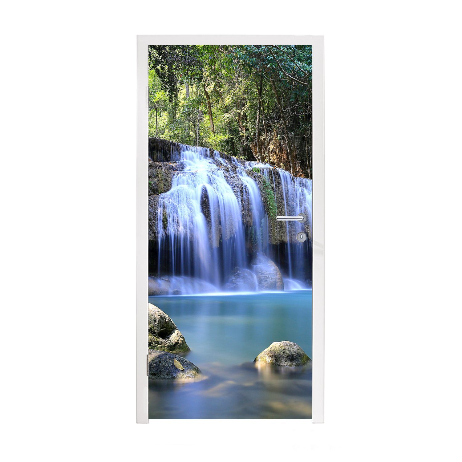 MuchoWow Türtapete Felsen unter den Wasserfällen des Erawan-Nationalparks, Matt, bedruckt, (1 St), Fototapete für Tür, Türaufkleber, 75x205 cm