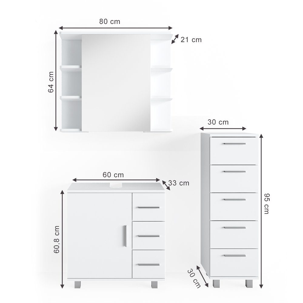 Vicco Badmöbel-Set Ilias, Weiß, 3 Teile, mit Midischrank, (3-St., 3er Set)