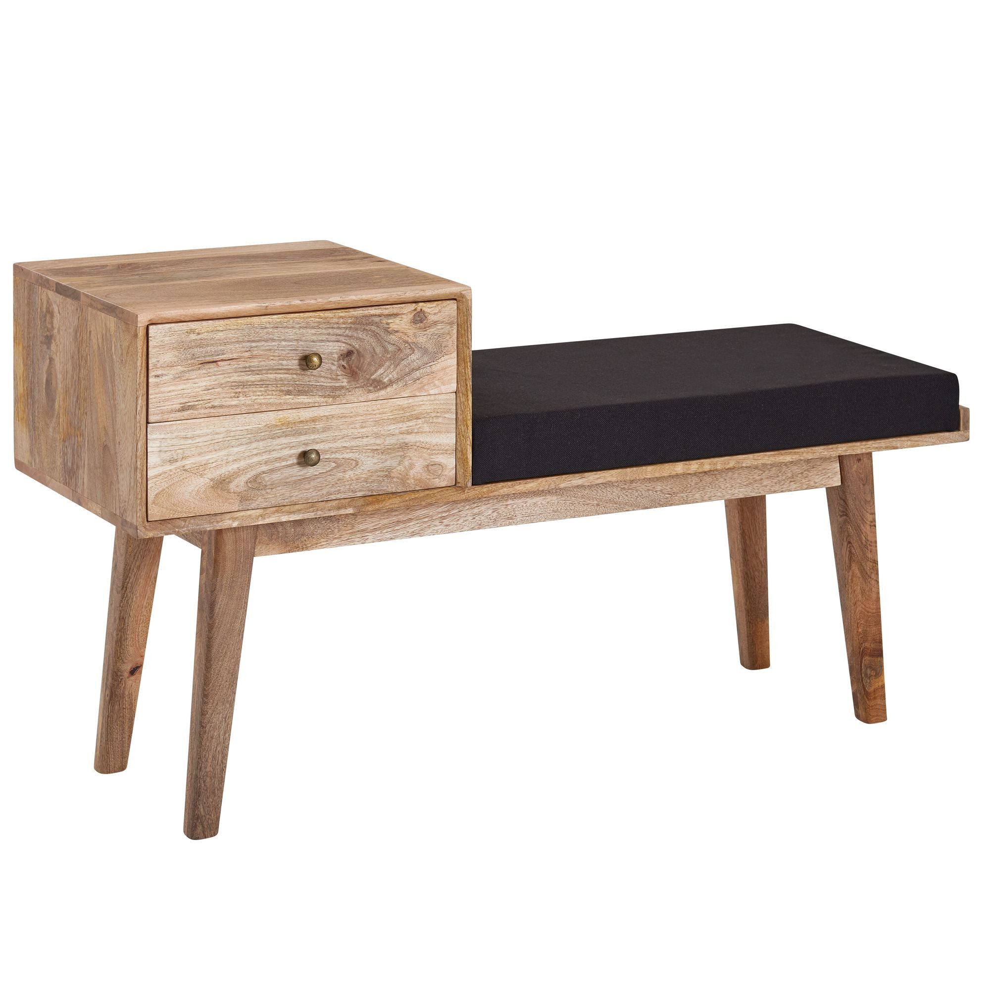 Wohnling Sitzbank WL6.485 Stoff Holz Massiv 120 cm Flurbank Stauraum Polsterbank Bank (Stoff / Massivholz Bank 120x65x40 cm Retro), Stoffbank Schwarz, Flur Polsterbank mit Stauraum