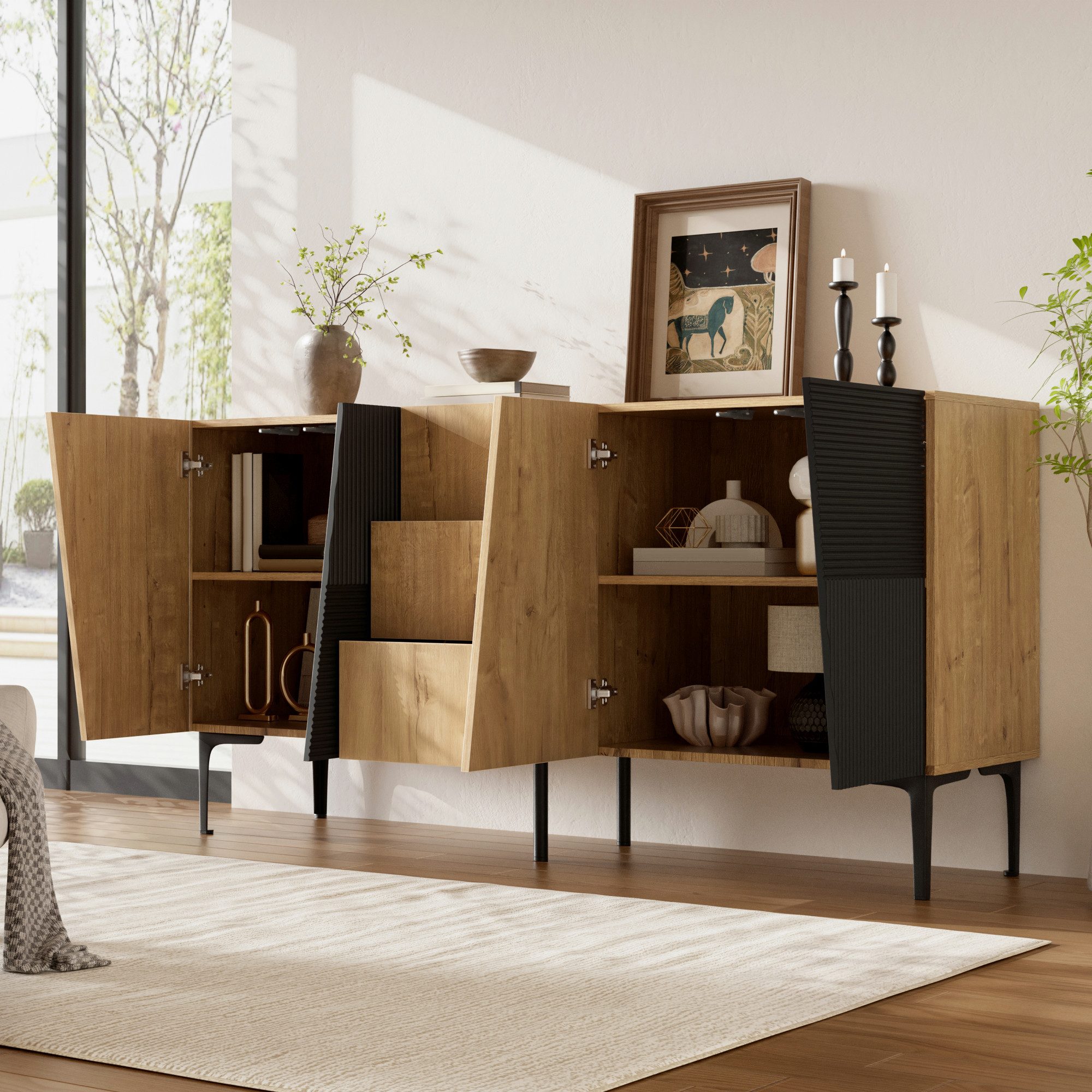Flieks Kommode Sideboard mit 4 Türen und 3 Schubladen in Holzoptik, Eisenbeinen (160x40x80 cm, 1 St., Multifunktionsschrank für Wohnzimmer, Schlafzimmer, Esszim – Bild 3 von 5