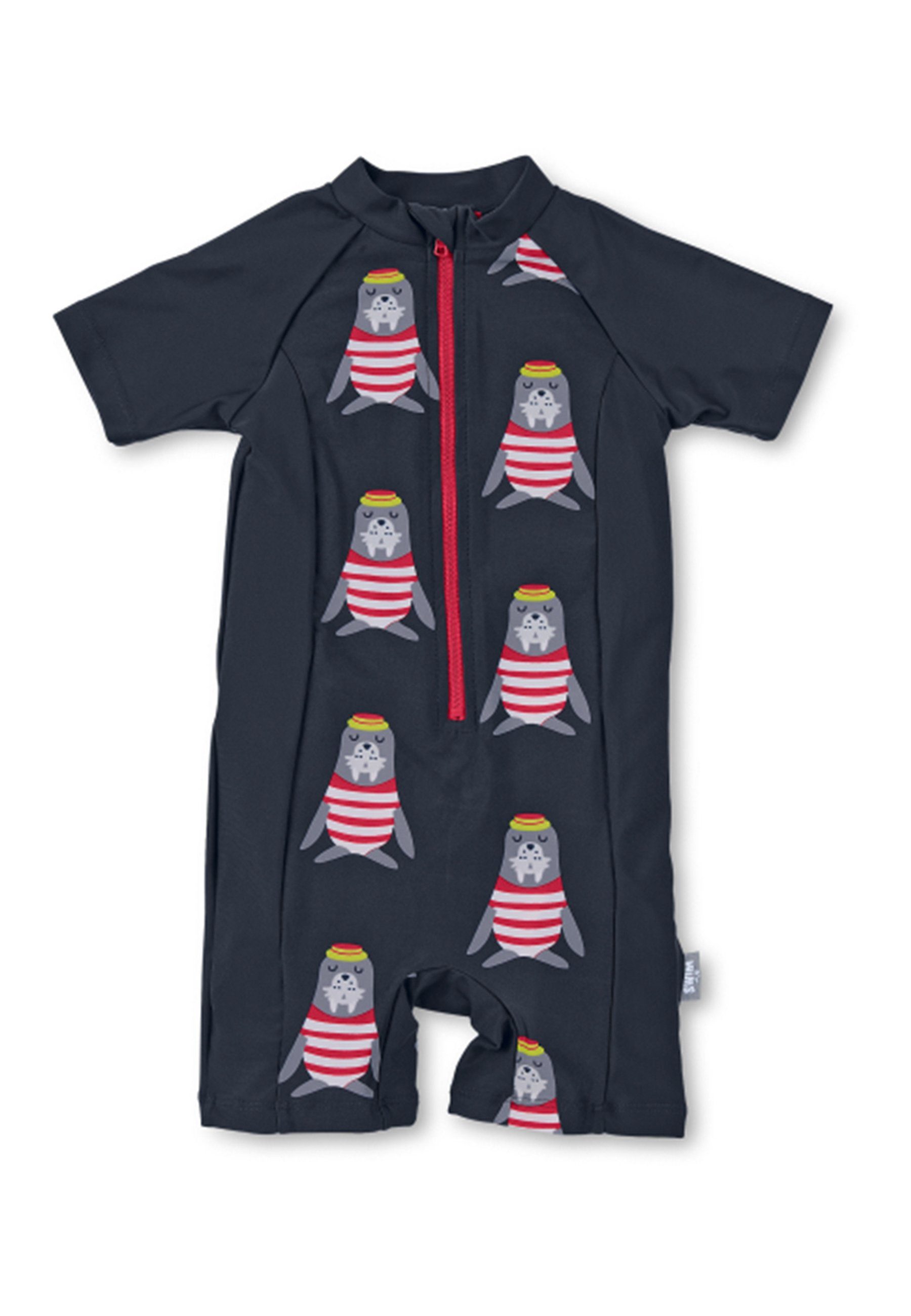 Sterntaler® Badeanzug Schwimmanzug uni + Robben Kinderbadeanzug - Schwimmanzug Jungen mit Windeleinsatz bis Größe 86/92 - Baby Badebekleidung - Badeoverall Baby in Marine mit Robben Motiv und kurzem Arm - Kinderbademode mit UV-Schutz 50+