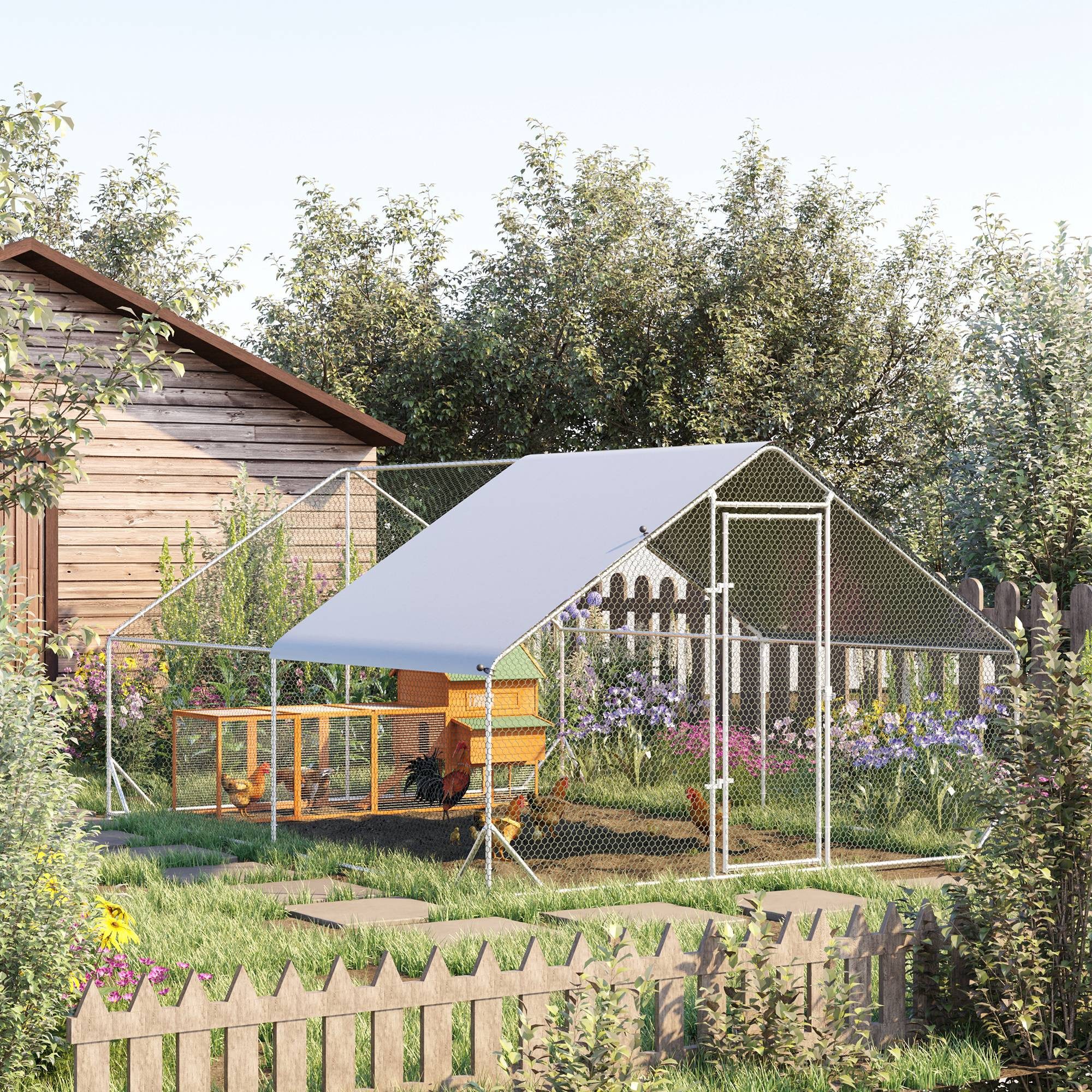 PawHut Hühnerstall 3x4x2 m Freilaufgehege mit Dach, Tür und Schloss, Verzinkter Stahl, für Garten, Silber