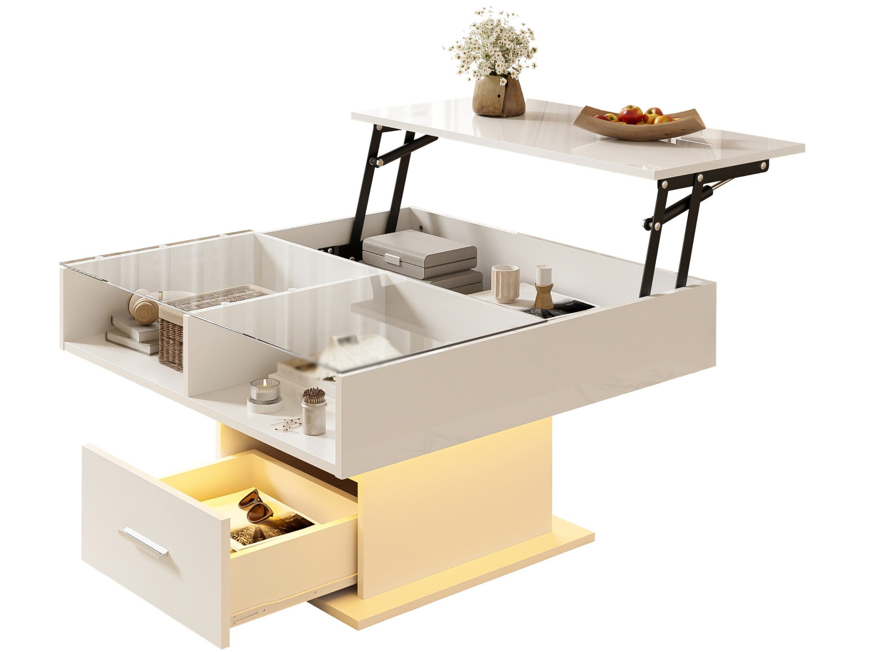 SeedWave Couchtisch Lift-Sofatisch mit Glasplatte, Schublade, Stauraum und LED (1 Tisch), Hubplatte, Glaseinsatz, Schublade, Stauraum und LED-Licht