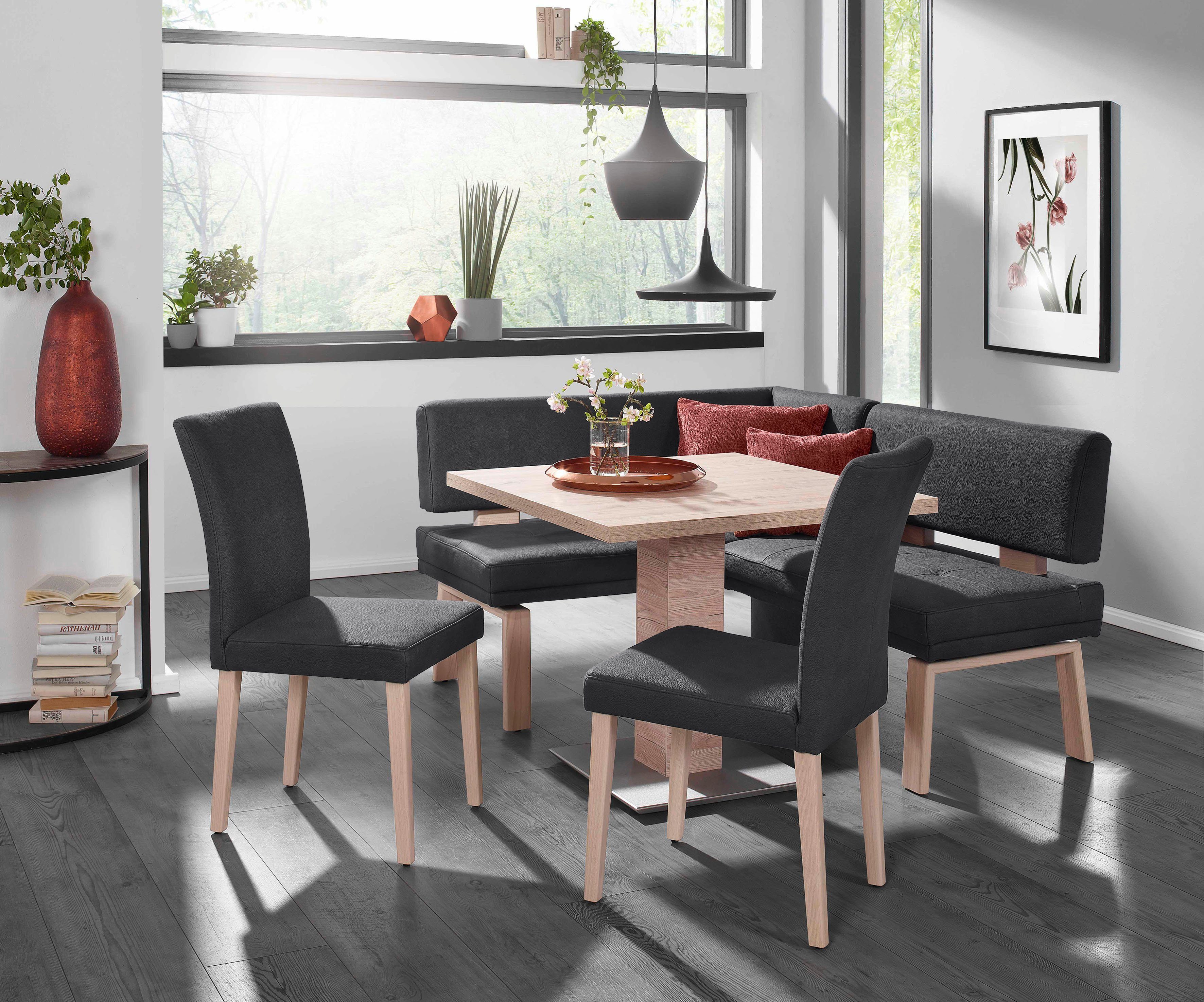 90x90cm zwei Holzstühle rechts/links K+W und (Set), Eckbankgruppe Tisch I, Wohnen 4 Schenkel black 157cm, & Santos Komfort