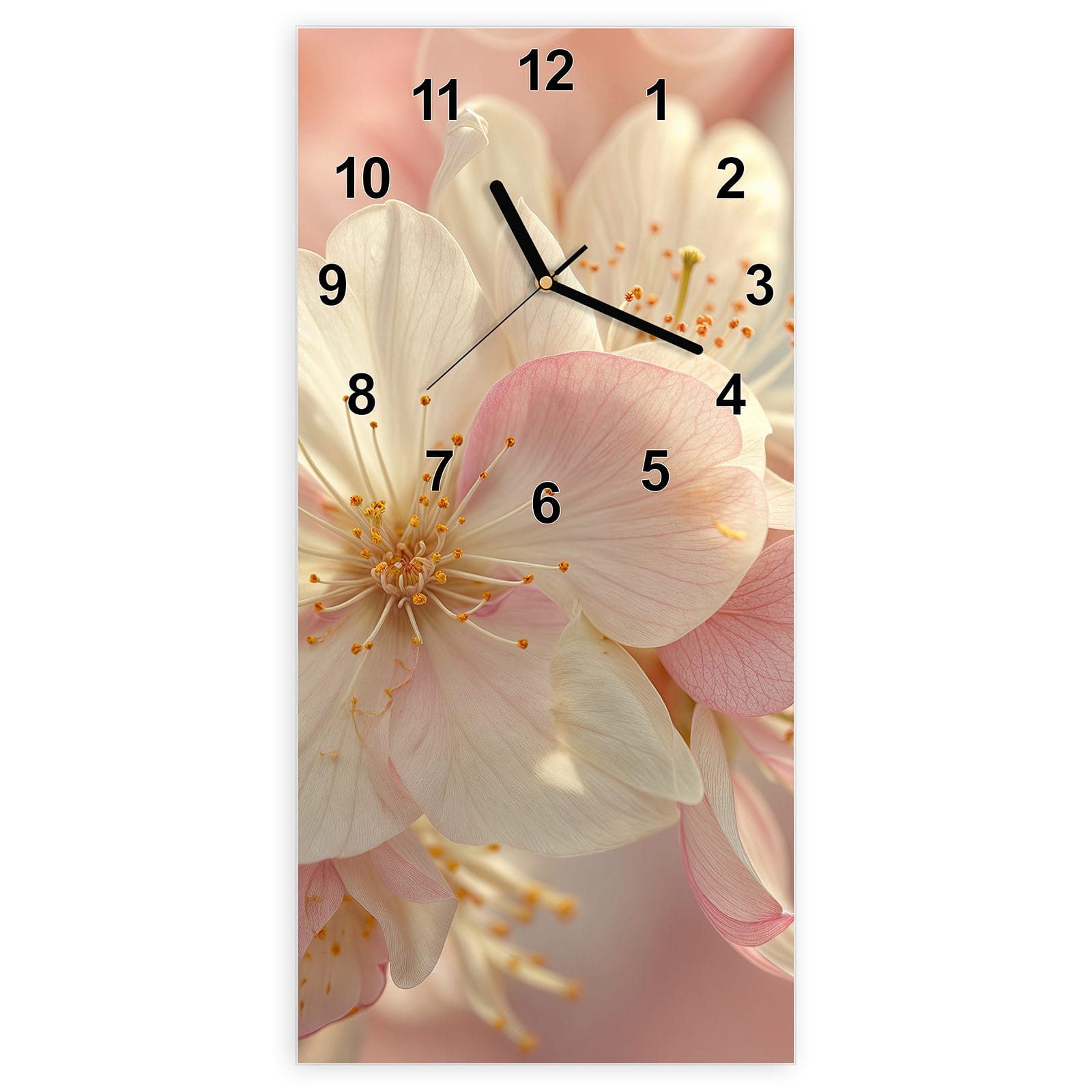 Wanduhr Glasuhr Wandkunst Größe 30 x 60 cm mit Motiv Blühende Blüten