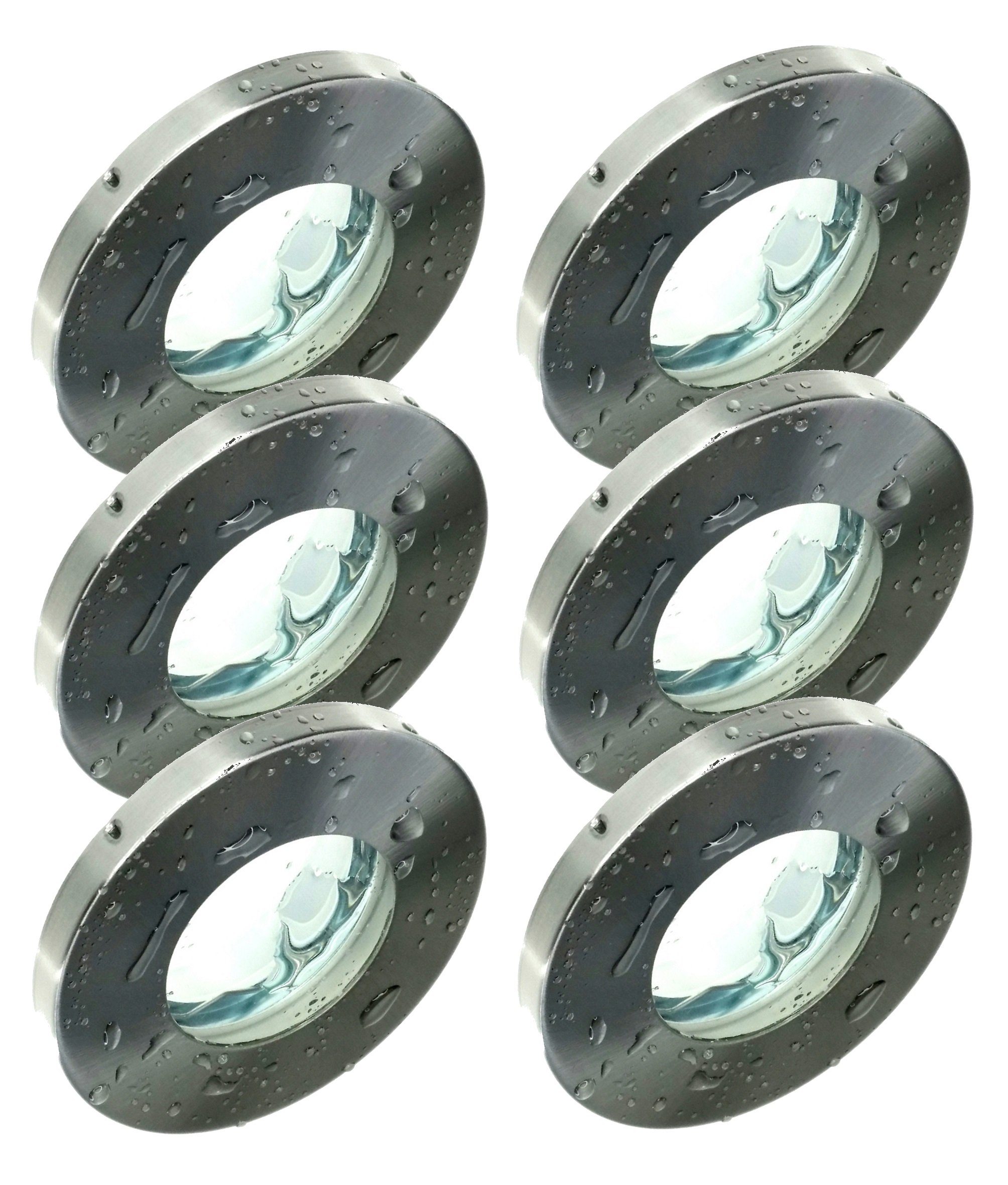 TRANGO LED Einbauleuchte, 6er Set 6729IP-062AK Einbaustrahler Rund IP44 aus Edelstahl gebürstet Badleuchte, Bad Einbauleuchte, Deckenspots, Einbauspots, Deckenleuchte inkl. 6x GU10 Lampenfassung für Bad, Sauna, Außen, Feuchtraum