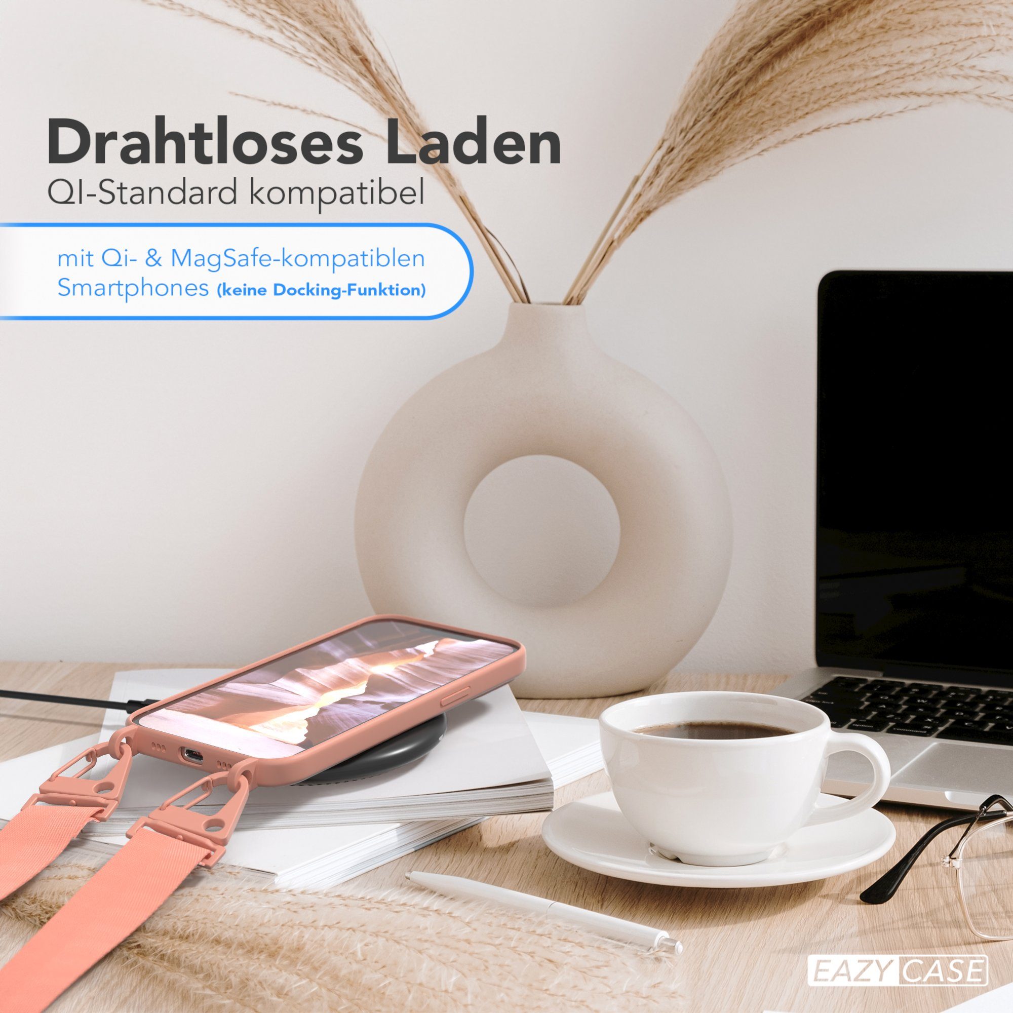 EAZY CASE Handykette Karabiner Breitband für Apple iPhone 13 Pro 6,1 Zoll, Silicon Handyhülle mit breiter Kette Carabiner Necklace Altrosa Coral