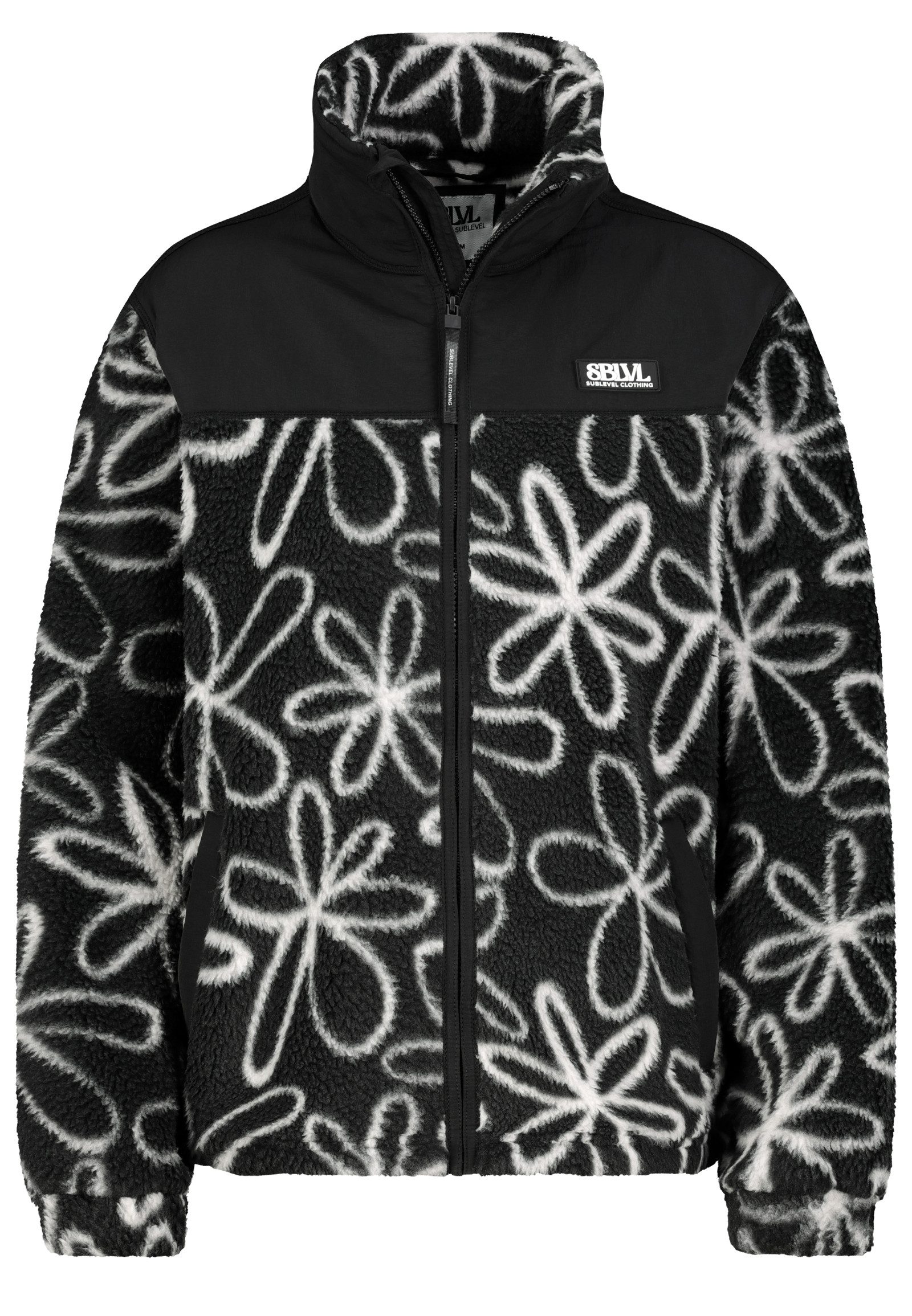 SUBLEVEL Winterjacke Stehkragen Alloverprint Kontrasteinsätze für Damen (1-St) Recyceltes Hauptmaterial, Leistentaschen, Saumkordelzug