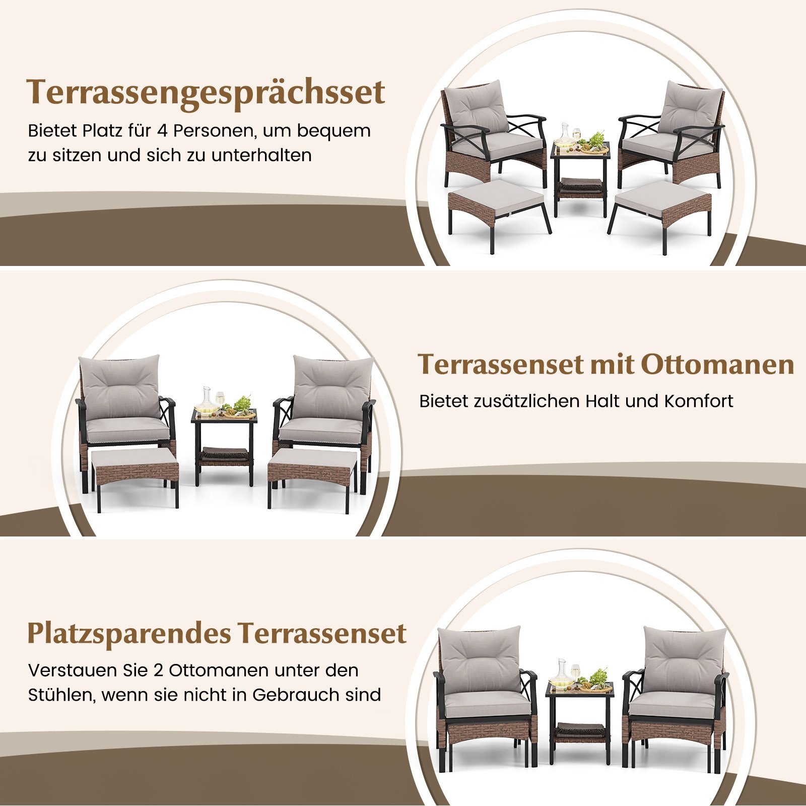 COSTWAY Gartenlounge-Set, (5-tlg), Balkonset mit Beistelltisch, Ottomanen, Kissen
