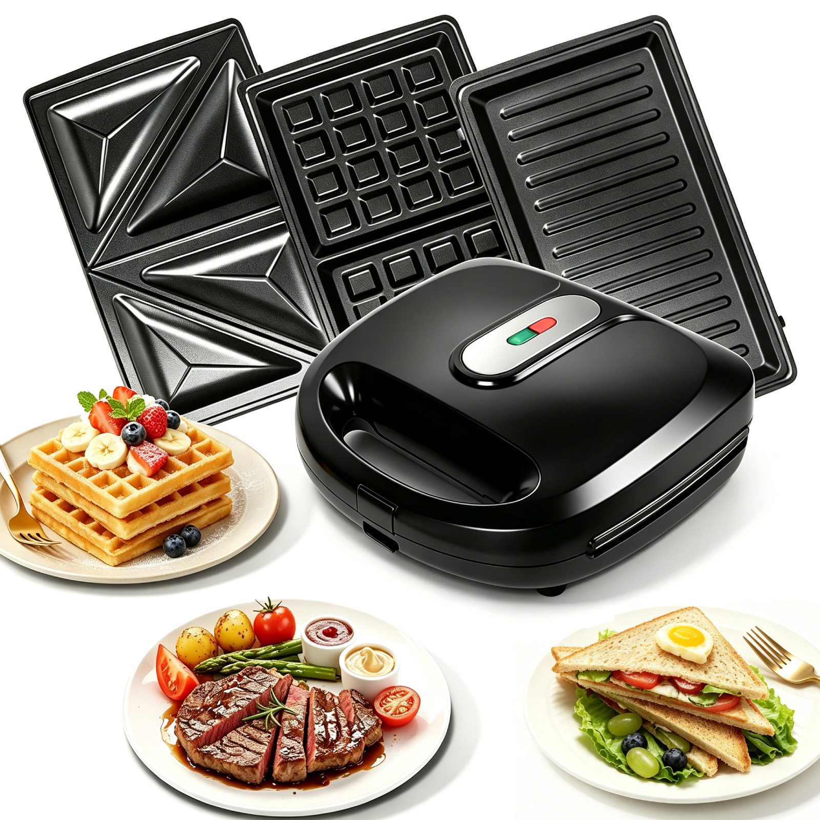 OZAVO 3-in-1-Sandwichmaker Sandwichtoaster, Waffeleisen,Kontaktgrill 23*23cm, 750 W, Antihaftbeschichtete abnehmbare Platten