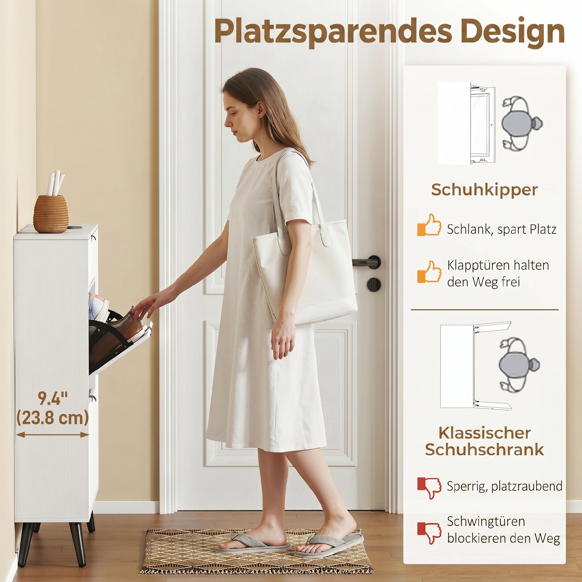 HOMCOM Schuhkipper Schuhaufbewahrung mit 2 Klappen, 2 Türen, verstellbare Trennwand (Schuhkommode, 1 St., Schuhschrank), für ca. 10-12 Paar Schuhe, Soft-Close – Bild 5 von 5