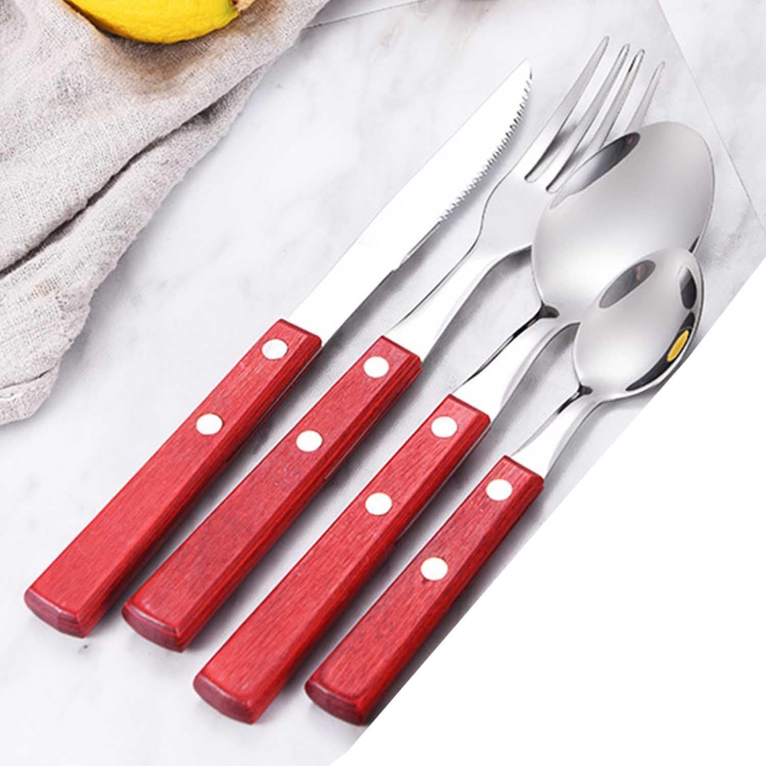 FELIXLEO Steakbesteck Geschirrset 4 teilig Ergonomischer Holzgriff Besteck Rot
