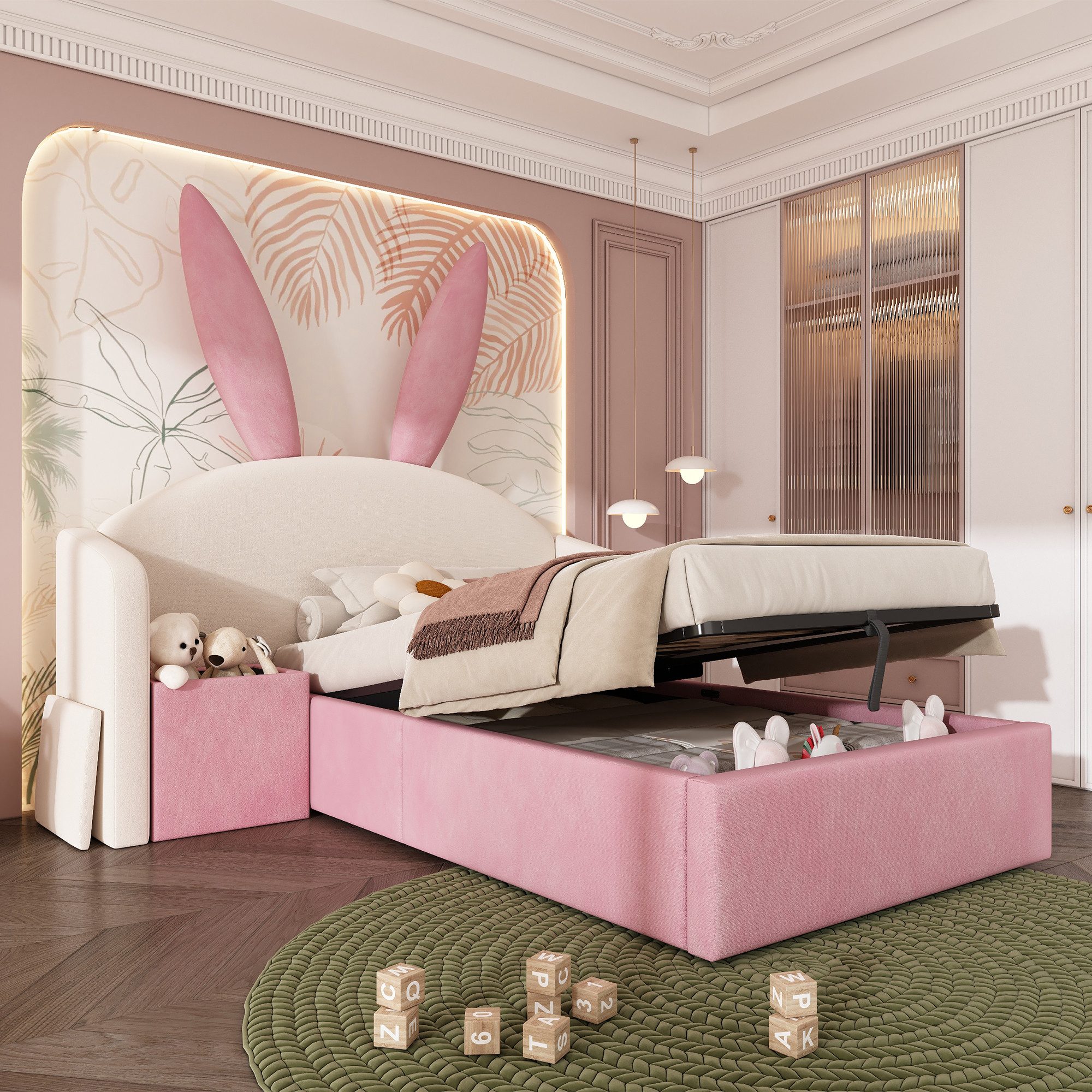 HAUSS SPOLE Polsterbett 90x200 Kinderbett Einzelbett Bettkasten & Hasenohr-Design,Rosa+Rosa (Jugendbett mit links/rechts montierbarer Nachttisch, ohne Matratze), Funktionbett Stauraumbett mit Holzlatten und Lattenrost