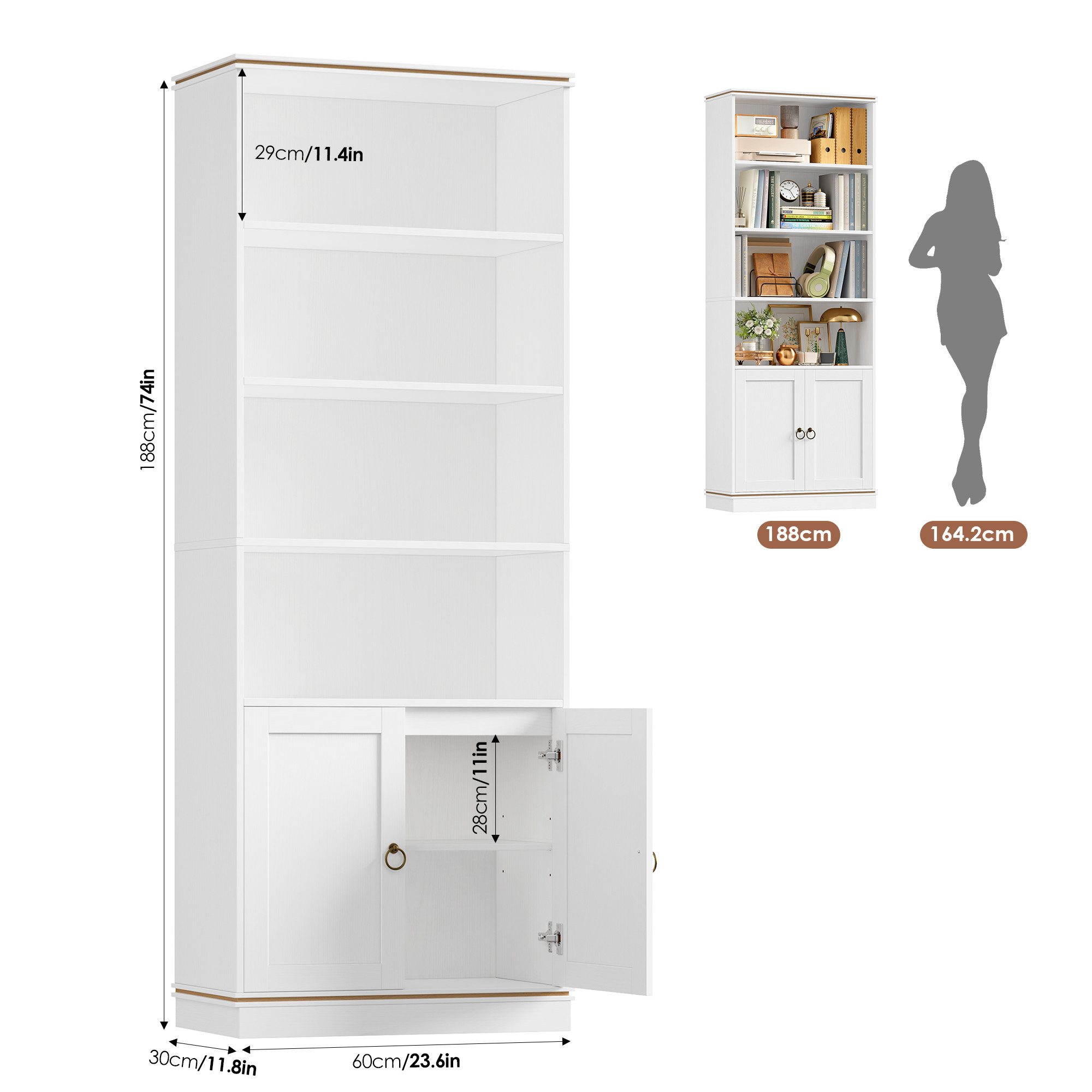 HOMECHO Bücherregal, 1-tlg., 188 cm Hoch Bücherschrank mit 7 Ebenen, 188×60×30 cm, Weiß