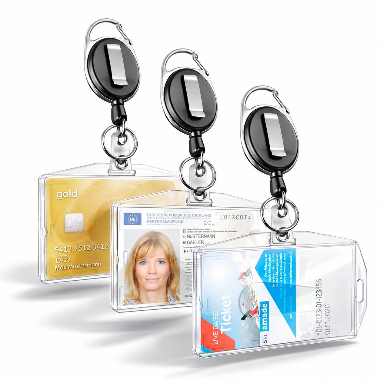officegurus® Schlüsselanhänger 3 Ausweishalter mit Zugband bis 75 cm und Schlüsselring, 9 × 6 cm (3er Set, 3-tlg., 3-tlg), Ausziehbares Zugband, Schlüsselring