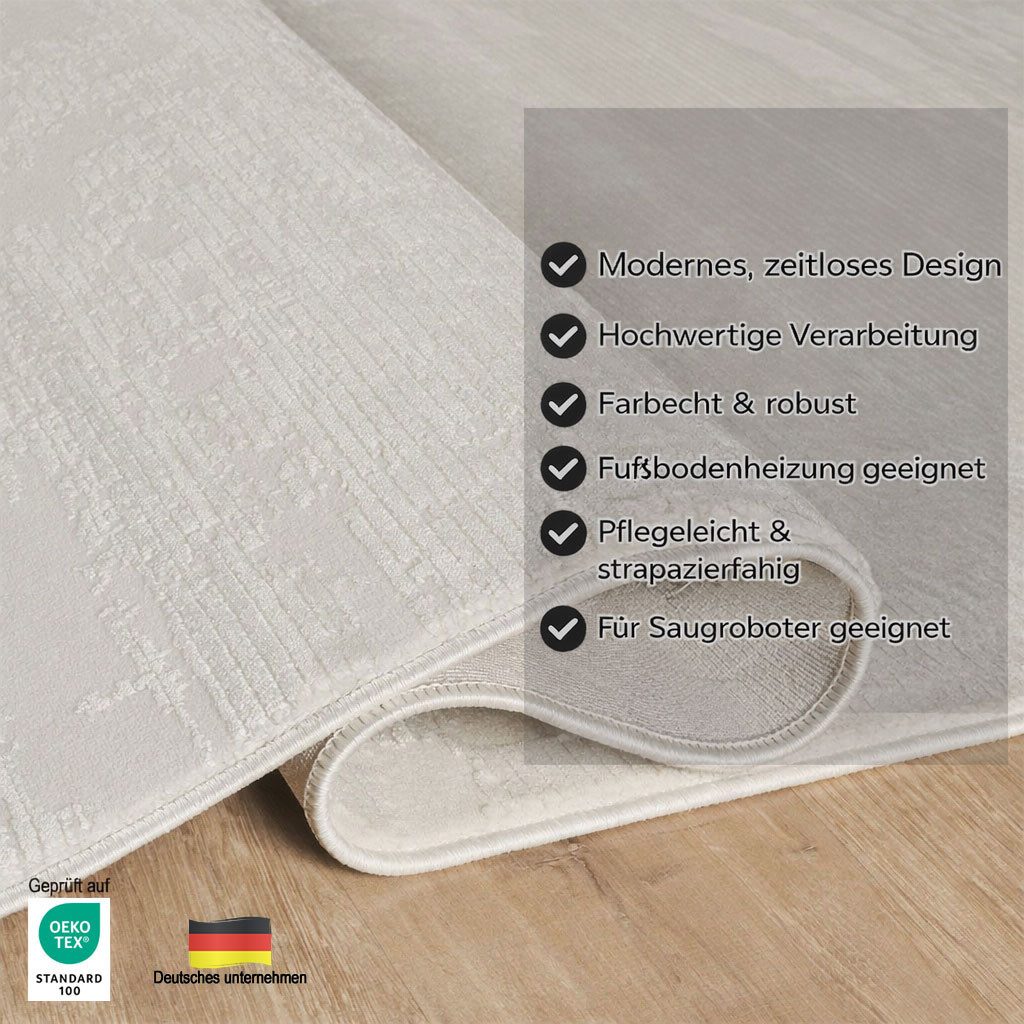 Carpetilla Teppich Kurzflor Teppich Creme Modern 3D Muster Wohnzimmer Schlafzimmer, Teppich Wohnzimmer 3D effekt Boho Einfarbig hoch-tief Bordüre