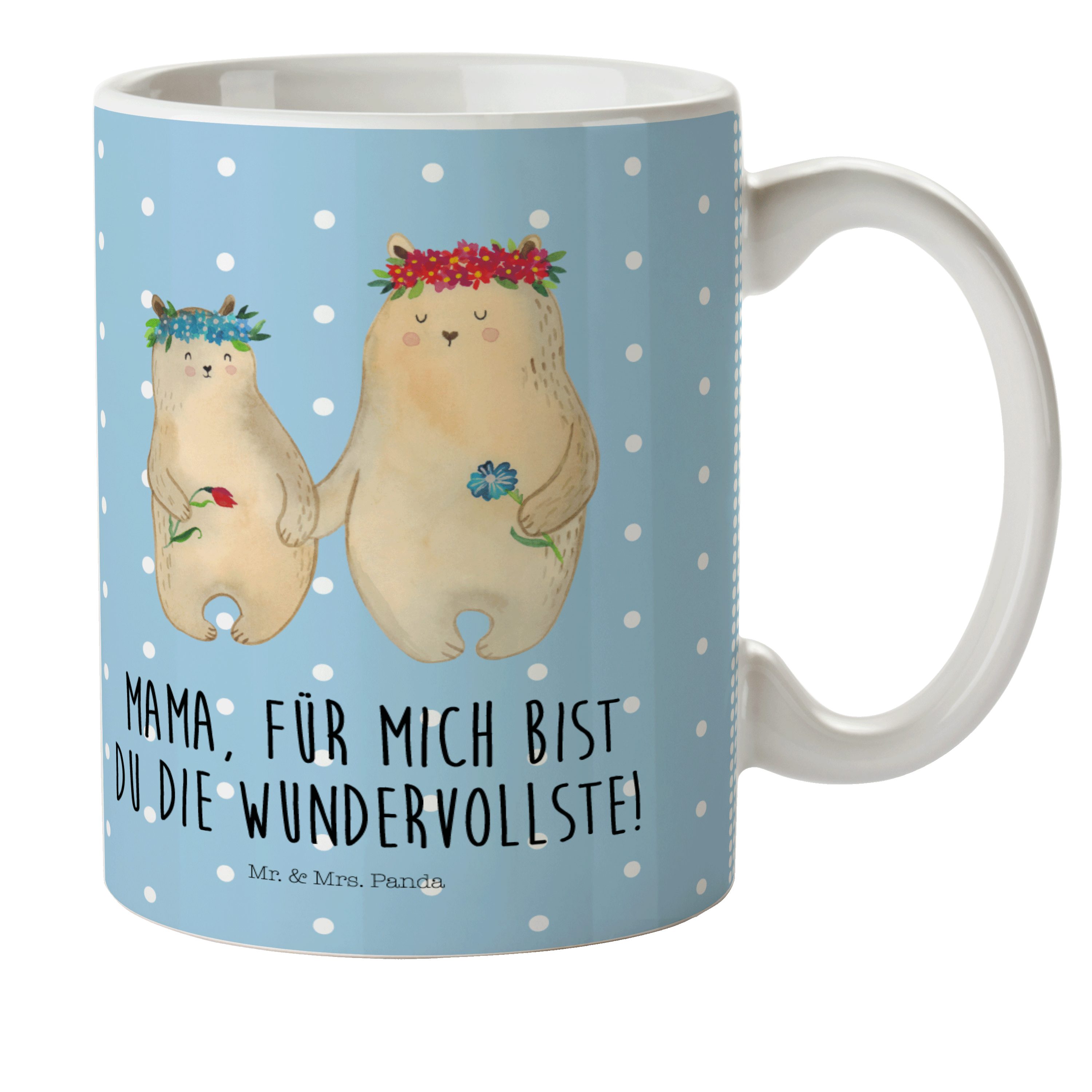 Mr. & Mrs. Panda Kinderbecher Bären mit Blumenkranz - Blau Pastell - Geschenk, Kindergarten, Kinder, Kunststoff