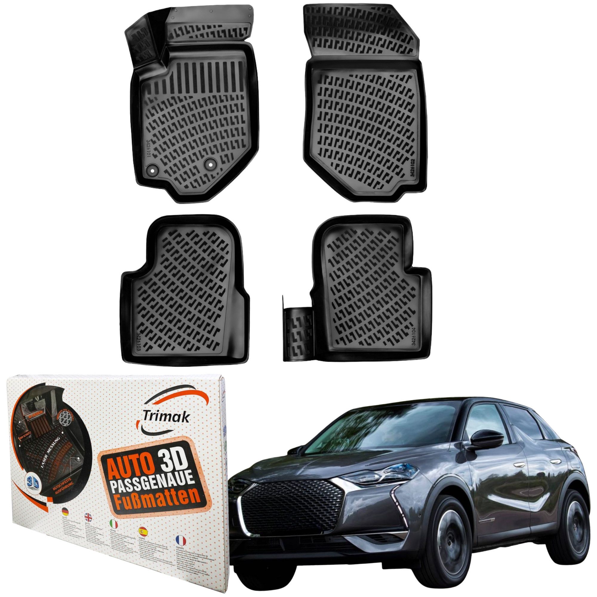 Trimak Passform-Fußmatten Kompatibel mit DS 3 Crossback 2019-2022 3D Auto Gummimatten, DS 3 Crossback 2019-2022 Gummimatten Auto TPE Allwetter