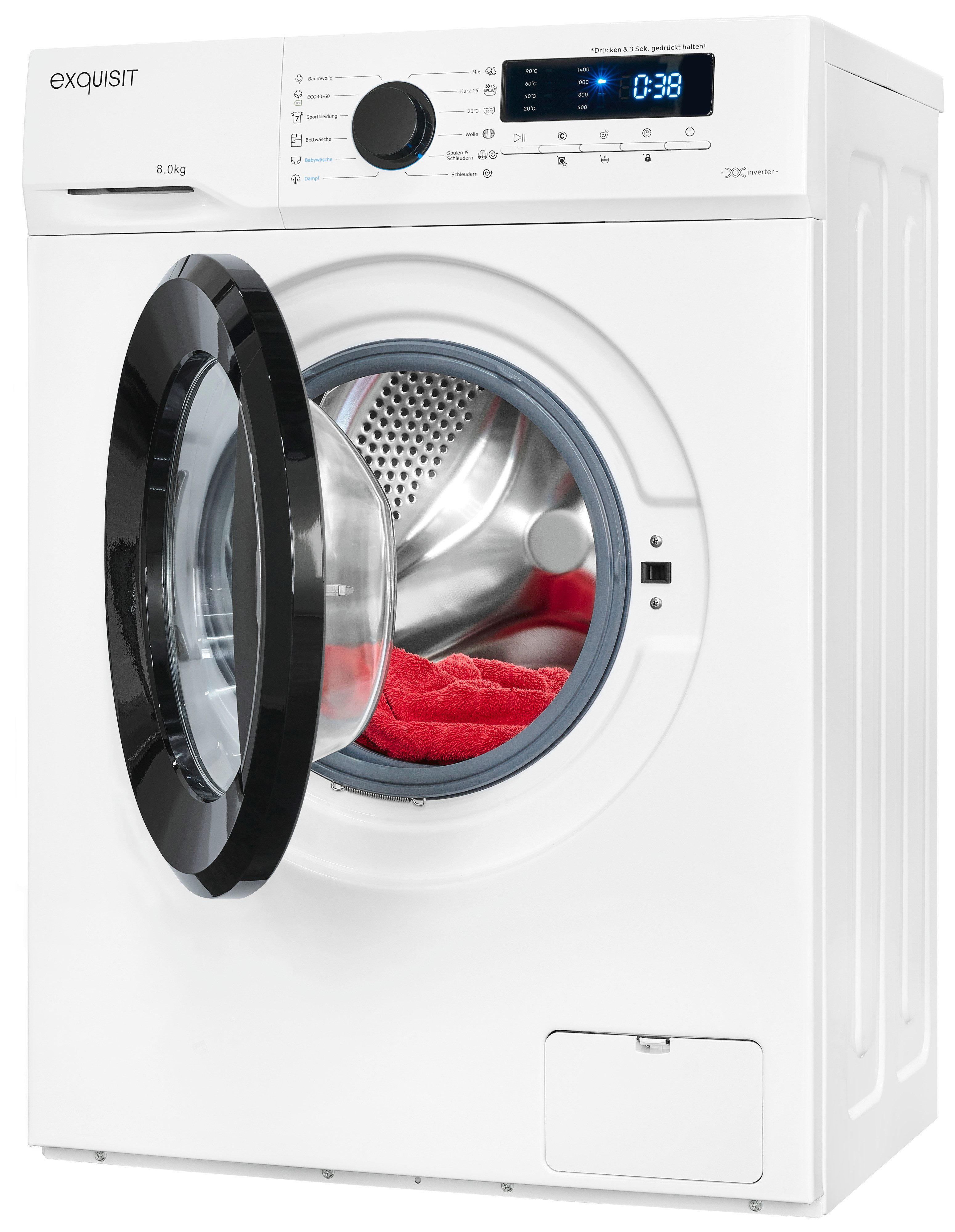 exquisit Waschmaschine WA8014-020A weiss, 8 kg, 1400 U/min, Trommelreinigung - spezieller Waschgang zur Säuberung des Innenraums