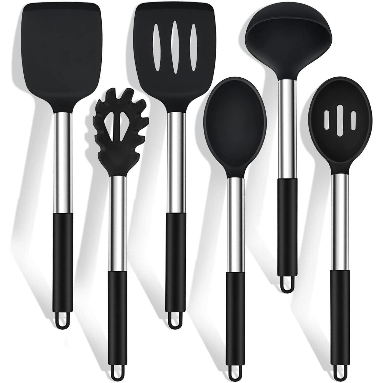 Kochbesteck-Set Kochlöffel Silikon 6 Stück Edelstahlgriff Spülmaschinenfest Schwarz