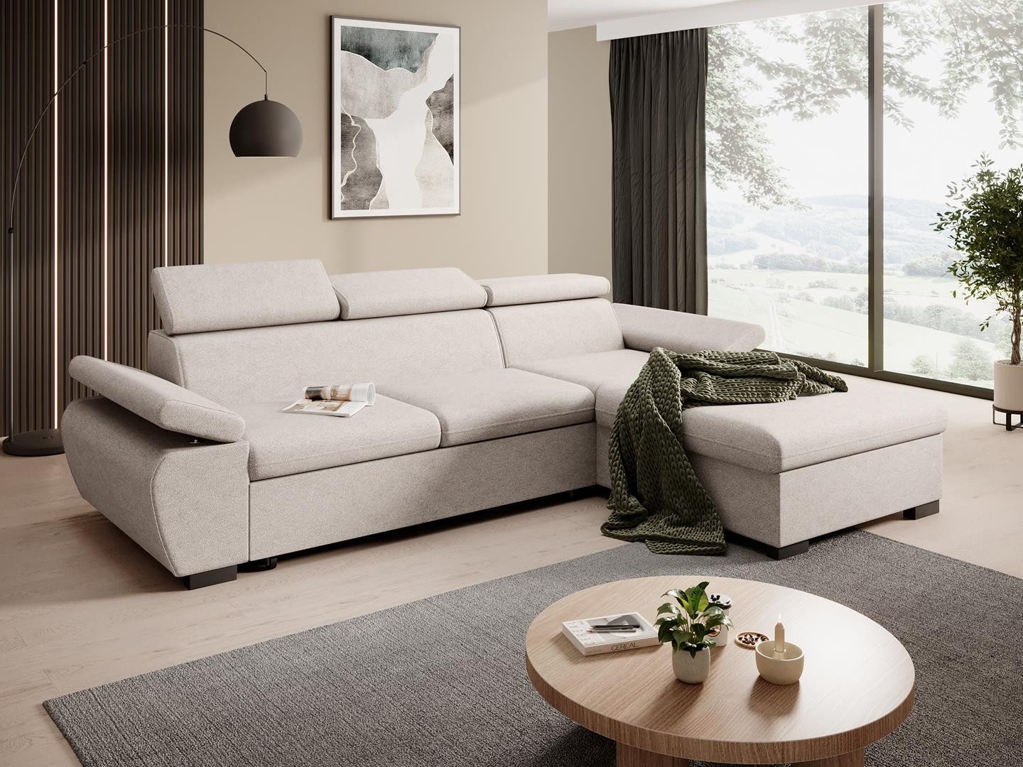 Beautysofa Ecksofa COCO mit Schlaffunktion und Bettkasten, verstellbaren Kopfstützen und Armlehe - Tierfreundlicher Stoff