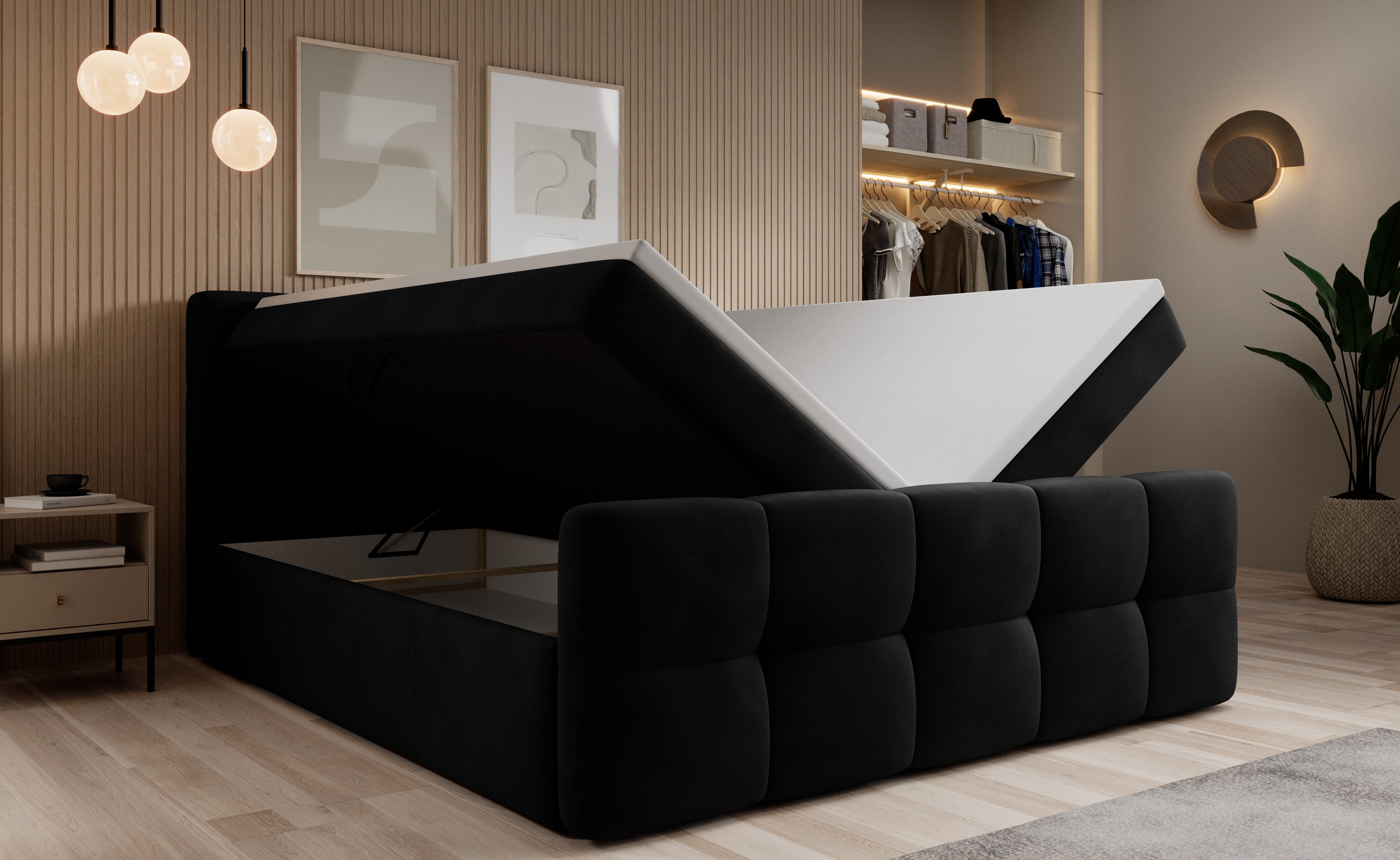 thematys Boxbett mit Bettkasten 140x200–200x200 cm – Velours oder Bouclé Bezug – (Polsterbett Bonnellfederkern Matratze H3 + Gratis 3cm Topper, Boxbett - Luxus Doppelbett mit Stauraum)