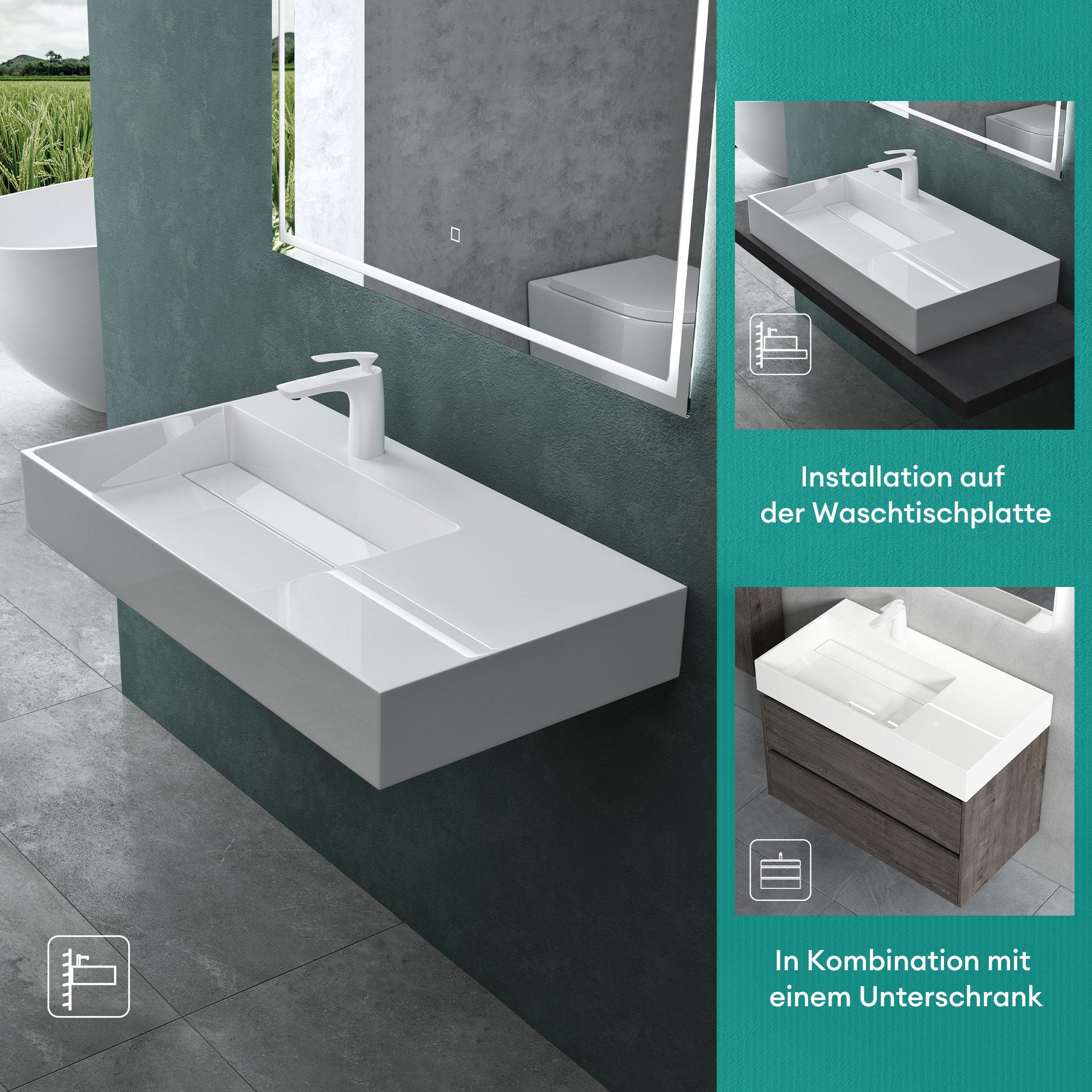 Mai & Mai Aufsatzwaschbecken Waschschale Waschbecken aus Mineralguss rechteckig DIN-Norm Col12, Becken links, rechts, mittig oder als Doppelbecken wählbar – Bild 5 von 5