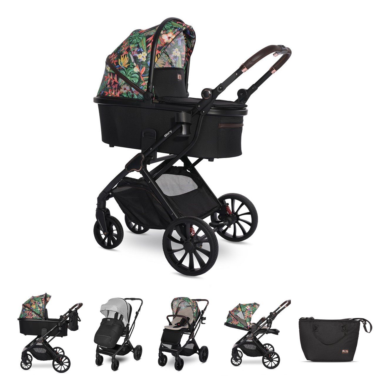 Lorelli Kombi-Kinderwagen Kinderwagen 2 in 22 umkehrbarer schwarz gemustert bis 1 kg Glory, Babywanne, Sportsitz