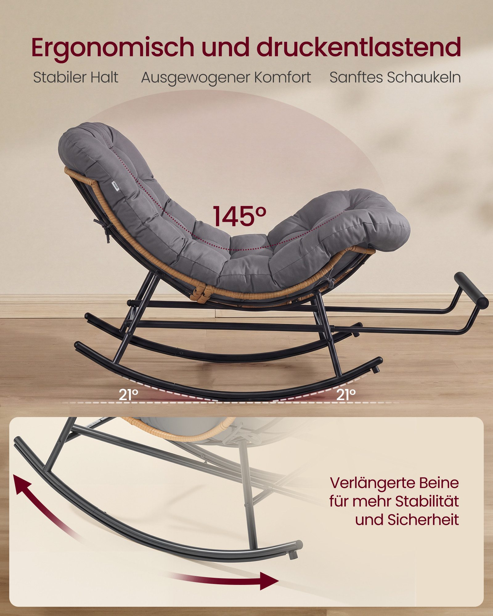 SONGMICS Schaukelsessel Schaukelstuhl, Relaxsessel, Stahlgestell, ausziehbare Fußstütze, abnehmbares Kissen, bis 136 kg, Schlaf-, Wohnzimmer, Terrasse, Garten