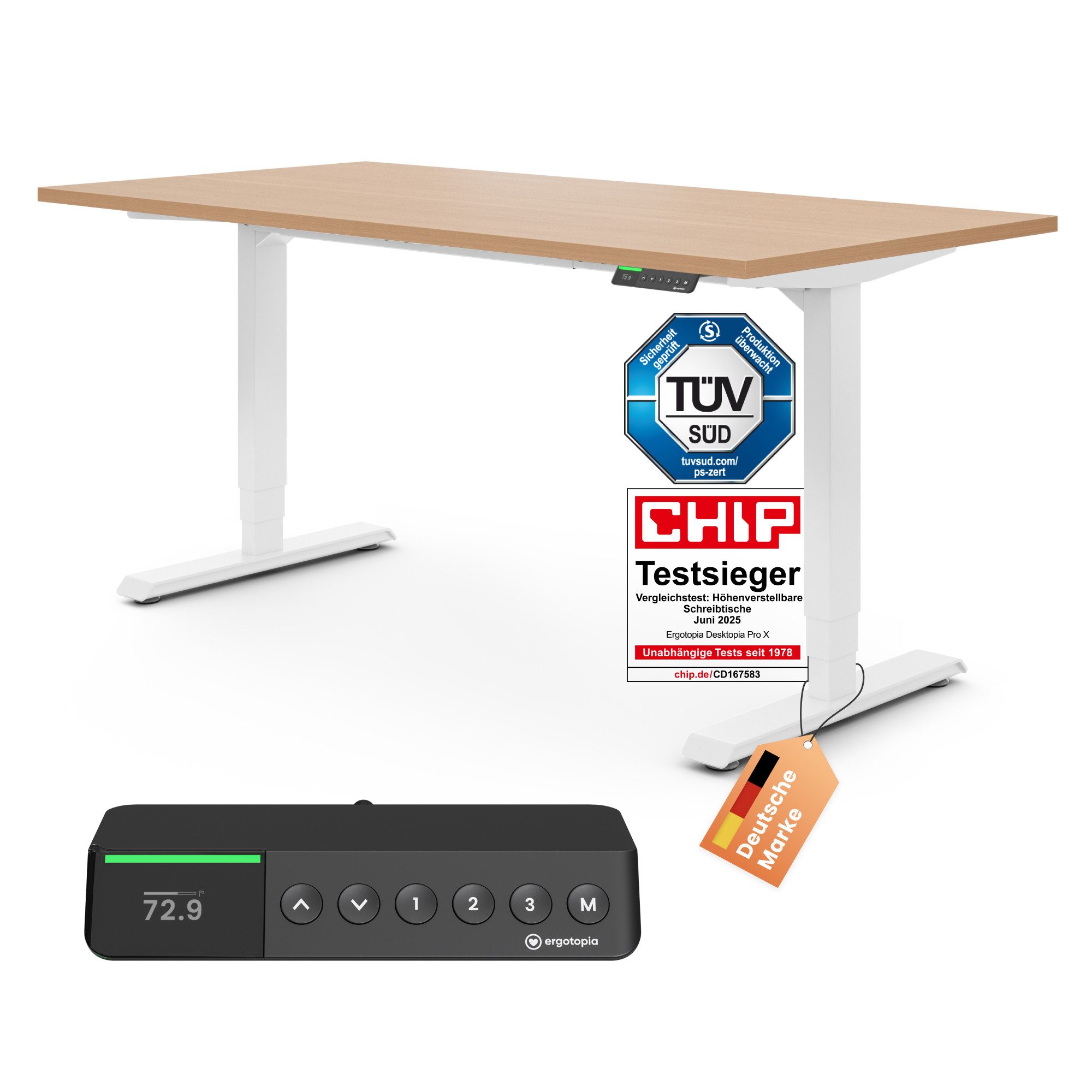 Ergotopia Schreibtisch Desktopia Pro X elektrisch höhenverstellbarer Schreibtisch, elektrisch verstellbarer Bürotisch inkl. edlem OLED-Display
