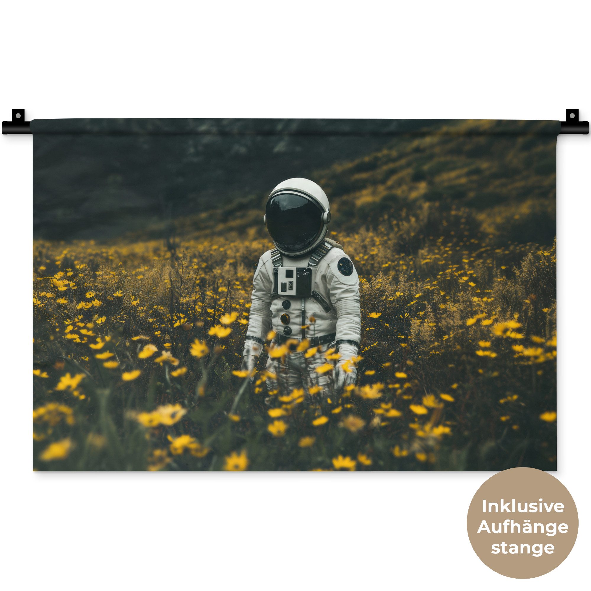 MuchoWow Wandteppich Astronaut - Blumen - Feld - Gelb, Rechteckig, Höhe: 3 mm, Wandteppich für Wohnzimmer, Schlafzimmer, 60x40 cm
