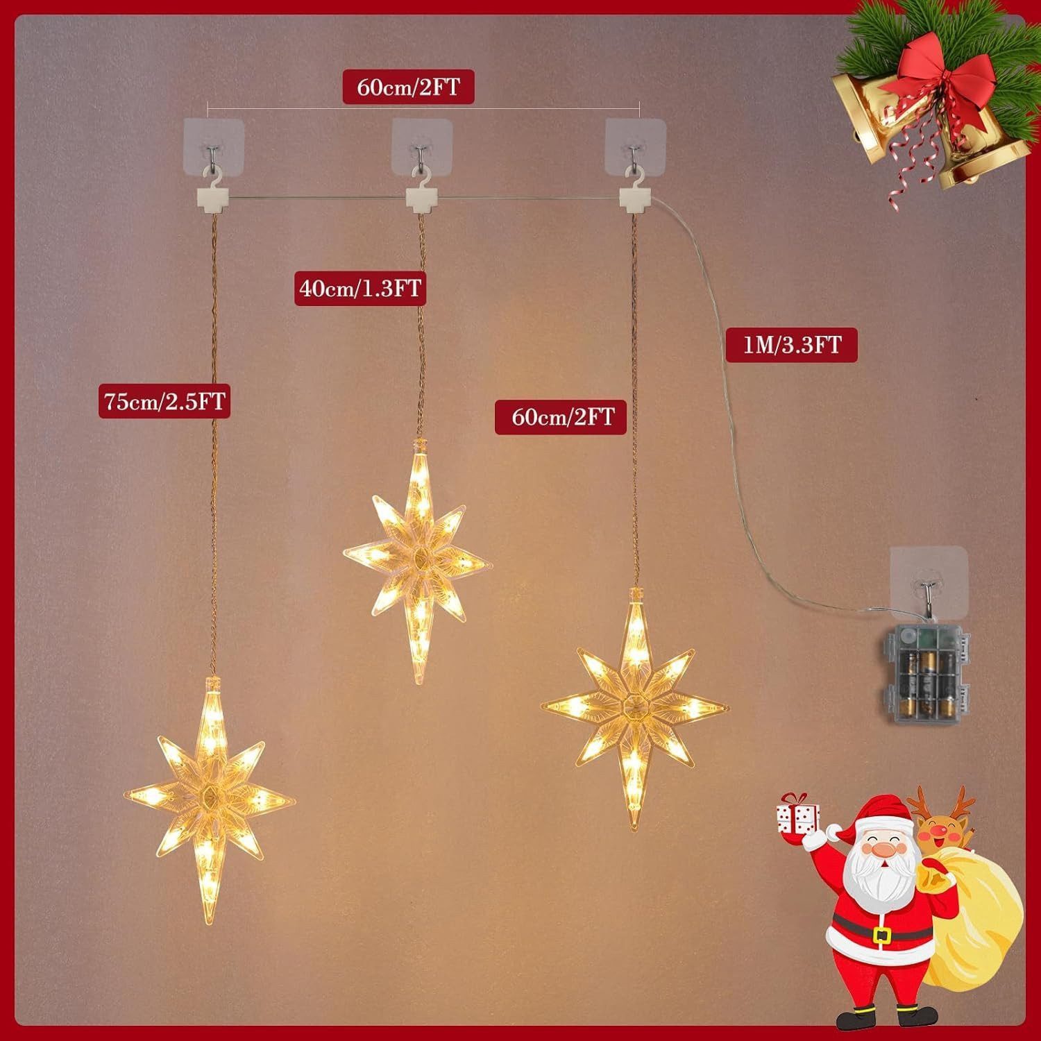 Quntis LED-Lichterkette 0.3/0.6M Led weihnachtsdeko fenster, weihnachtsstern mit haken, Weihnachtsdeko mit Memory Funktion für Weihnachten Fensterbilder Deko – Bild 5 von 5