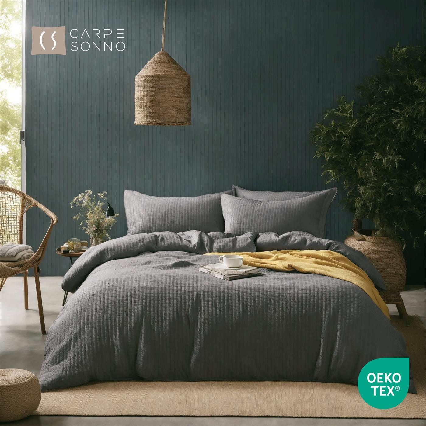 Carpe Sonno Bettwäsche Seersucker 135 x 200 155 x 220 Bügelfrei Sommer Uni 100% Baumwolle, Seersucker, 2 teilig, Leicht kühlender Bettbezug Reißverschluss & OEKO-TEX Grau 135x200