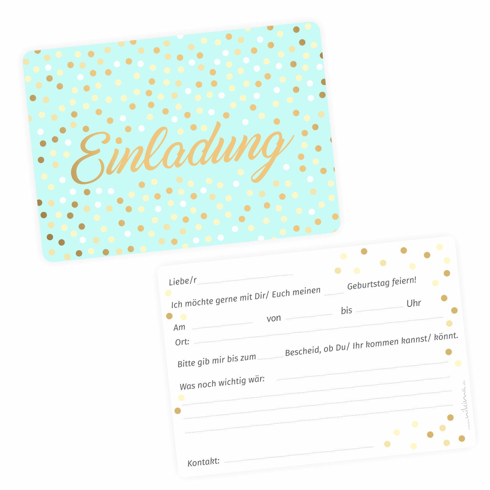 nikima Einladungskarten 10 Einladungskarten Mint mit Goldlack inkl. Umschlag