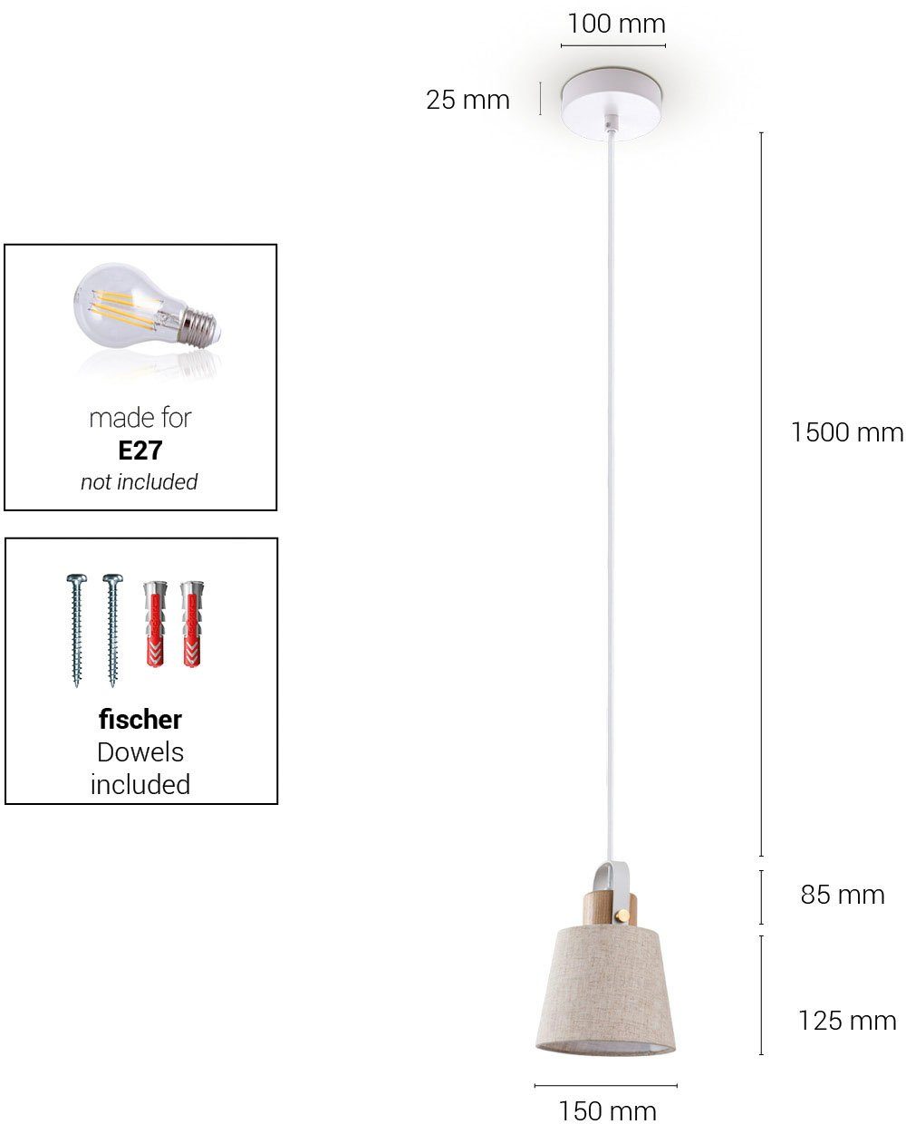 ohne MARTA, weiß Paco Pendelleuchte Wohnzimmer E27 Industrial Design 1,5m Stoffschirm Esszimmer Kabel creme Leuchtmittel, Home