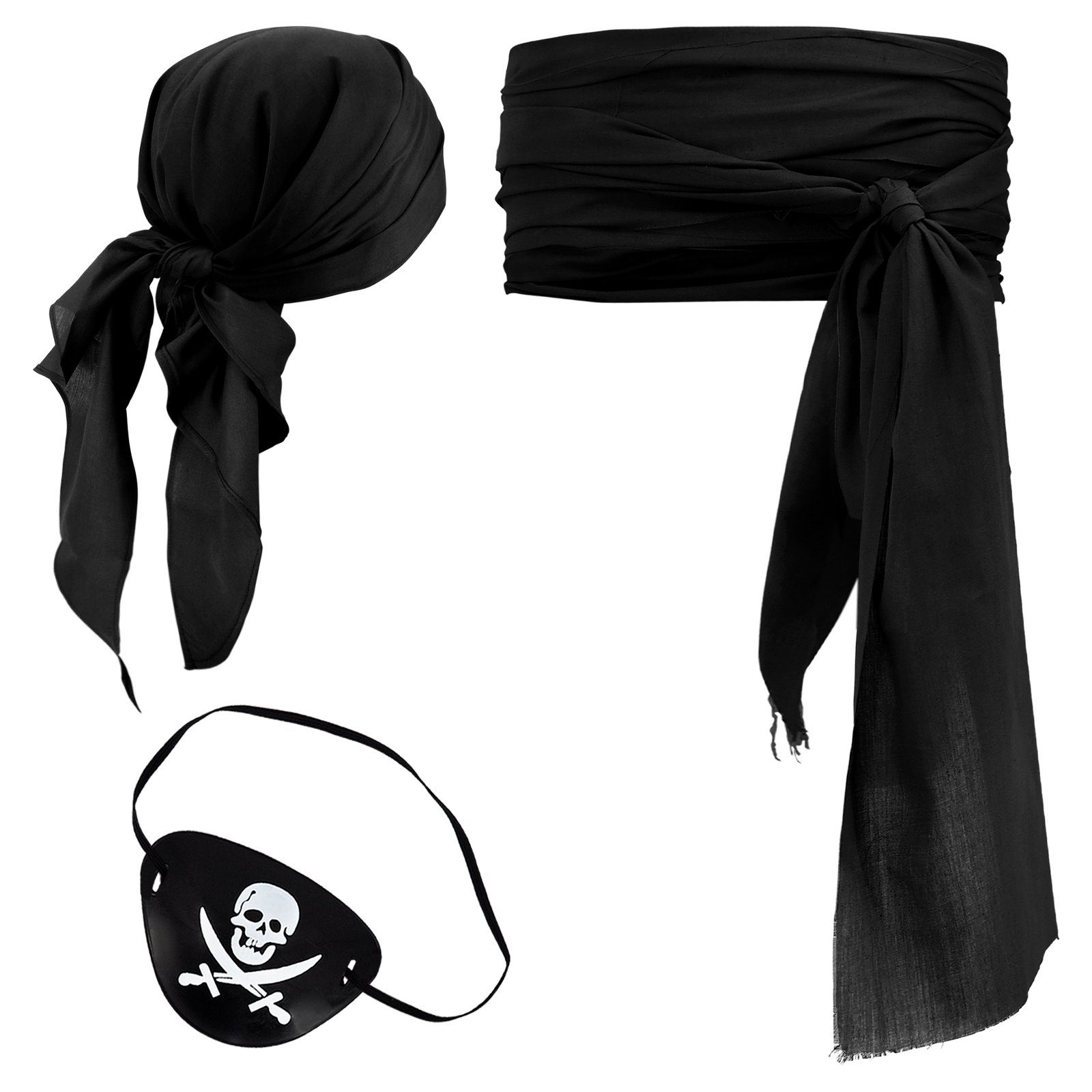 GalaxyCat Piraten-Kostüm Piraten Kostüm Set mit Kopftuch, Piratenschärpe & Augenklappe Schwarz