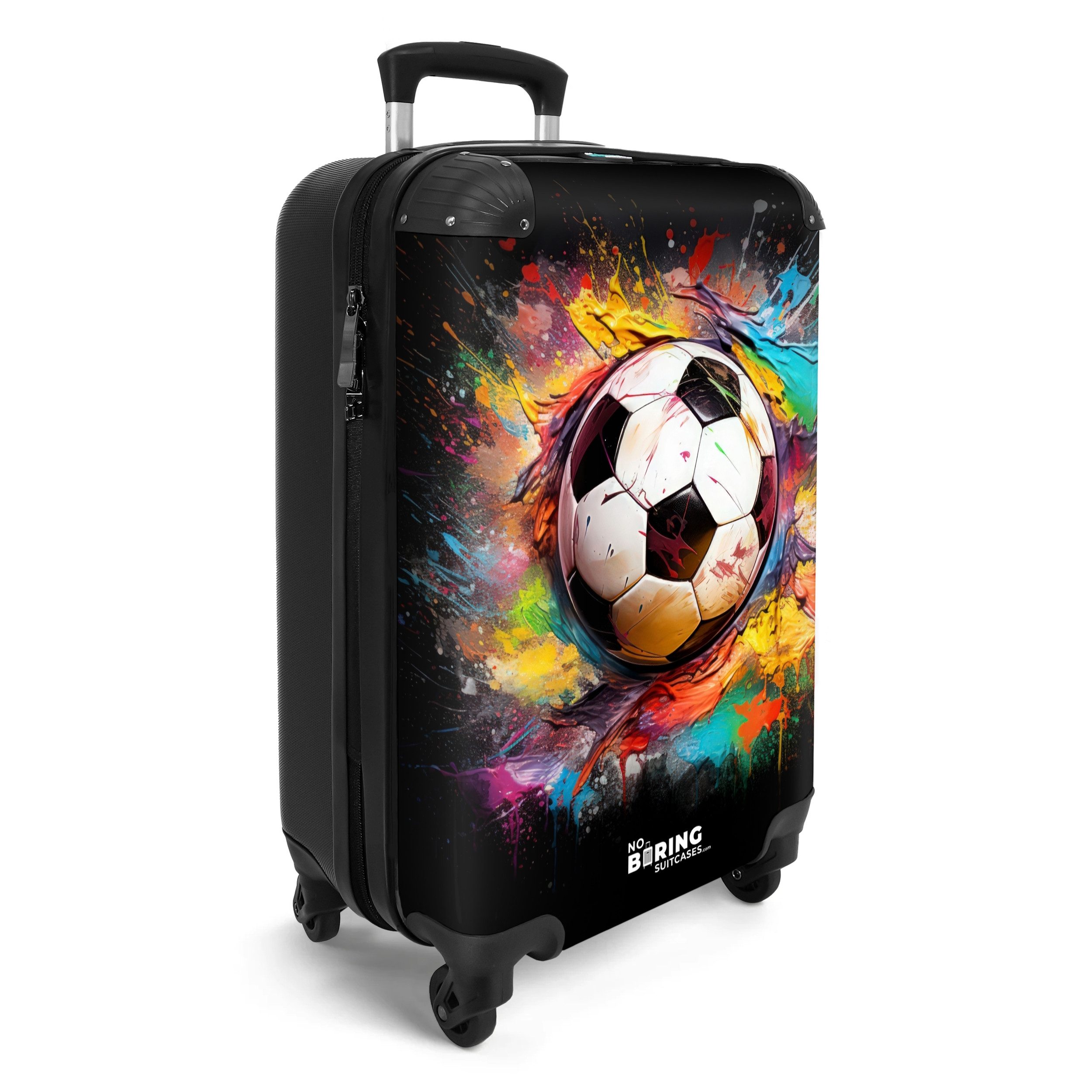 NoBoringSuitcases.com© Kinderkoffer Fußball umgeben von Farbklecksen 55x35x20cm, 4 Rollen, Reisetasche mit Rollen, Koffer Handgepäck Flugzeug