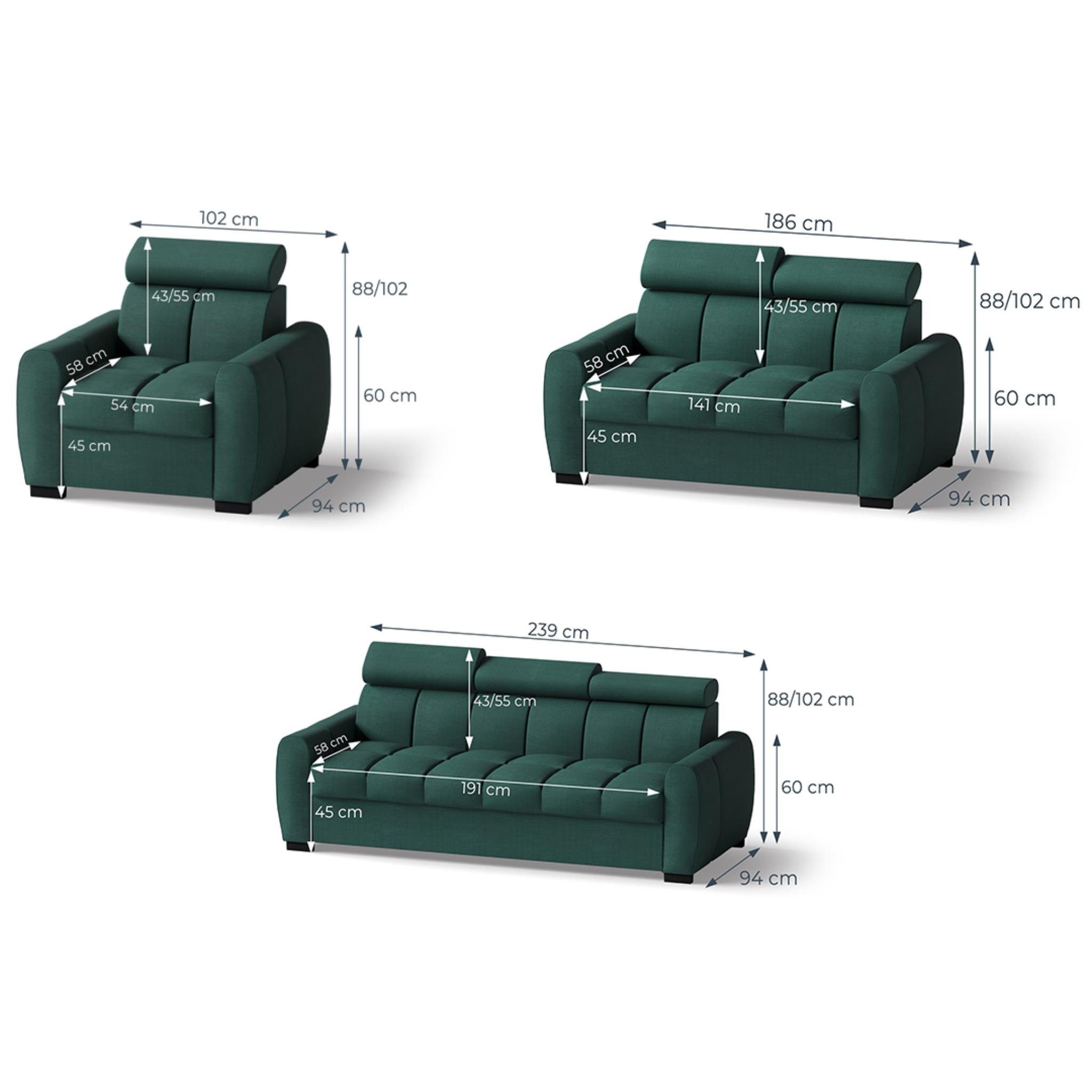 Beautysofa Polstergarnitur Anthrazit und verstellbaren Rundumbezug Gomez, Kopfstützen), Designersofa in Schlaffunktion 3+2+1 (element 23) Velourstoff, (inkl. Bettkasten