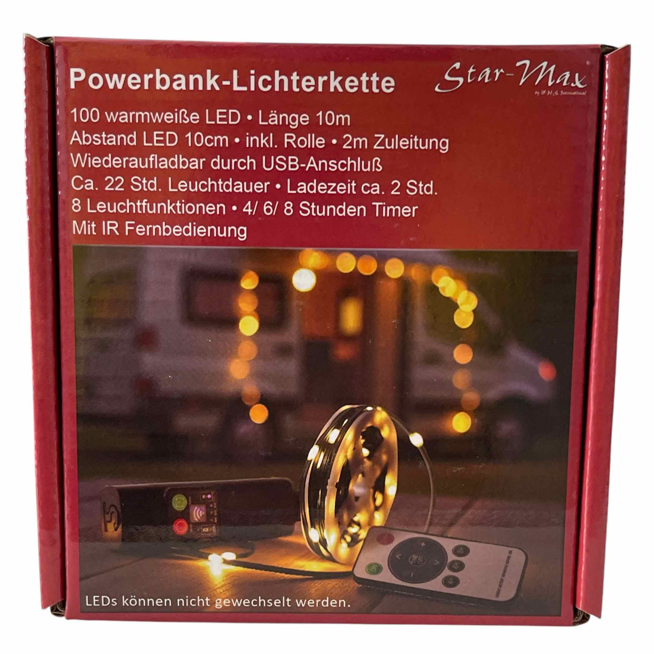 F-H-S International LED-Lichterkette, Powerbank Camping 9,9m warmweiß Fernbed. 8 Funktionen Timer