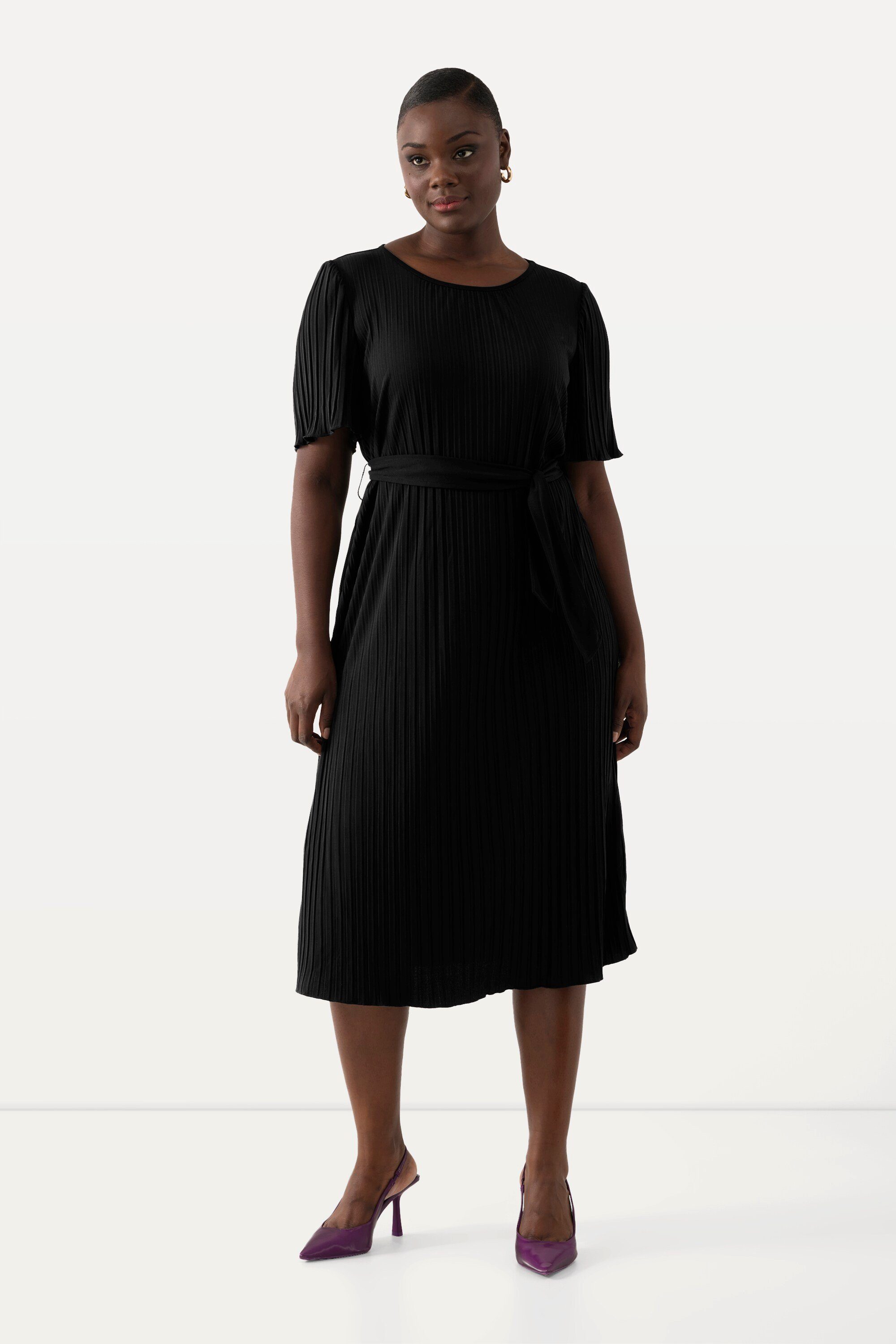 Ulla Popken Midikleid Plissee-Midikleid A-Linie Rundhals günstig online kaufen