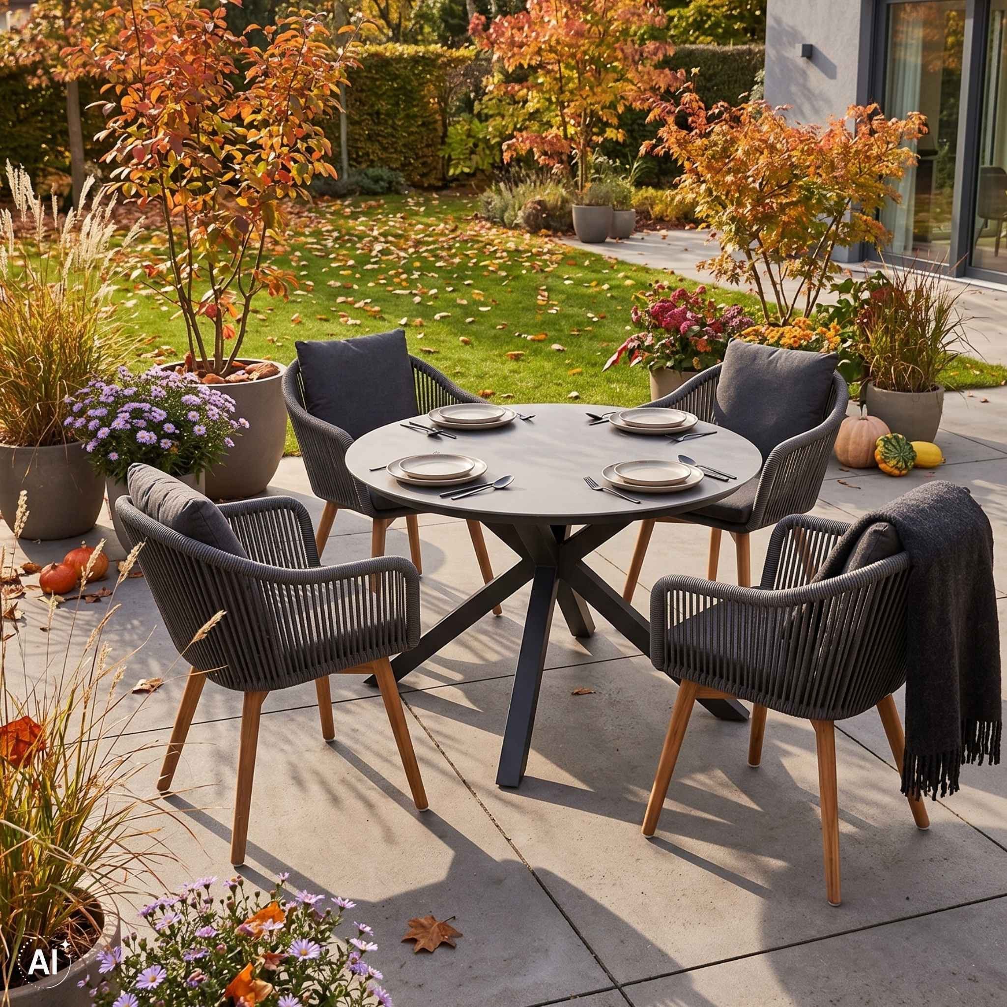 MR.DEKO Garten-Essgruppe Gartensessel Solana mit Esstisch rund wetterfest Almeria 120x76 cm, (5-teilige Garten-Kombination mit rundem Gartentisch), Wetterfeste Essgruppe mit Teakholz-Beinen & Stein-Tischplatte Grau