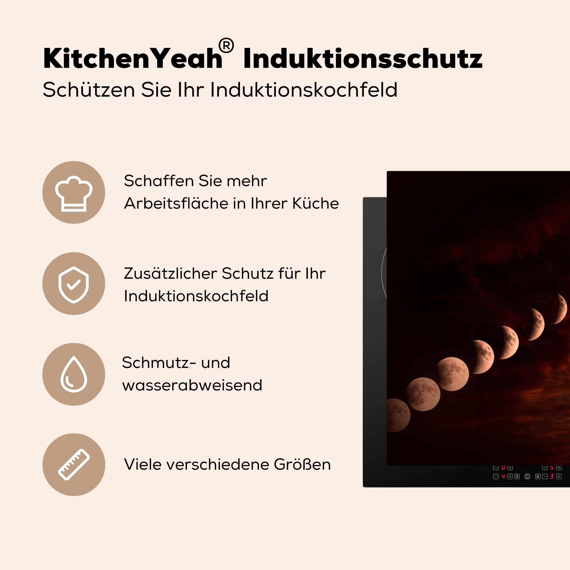 MuchoWow Herdblende-/Abdeckplatte Mond küche, Schutz für 81x52 cm, Vinyl, Wolken Rot, - Induktionskochfeld - Ceranfeldabdeckung tlg), die (1