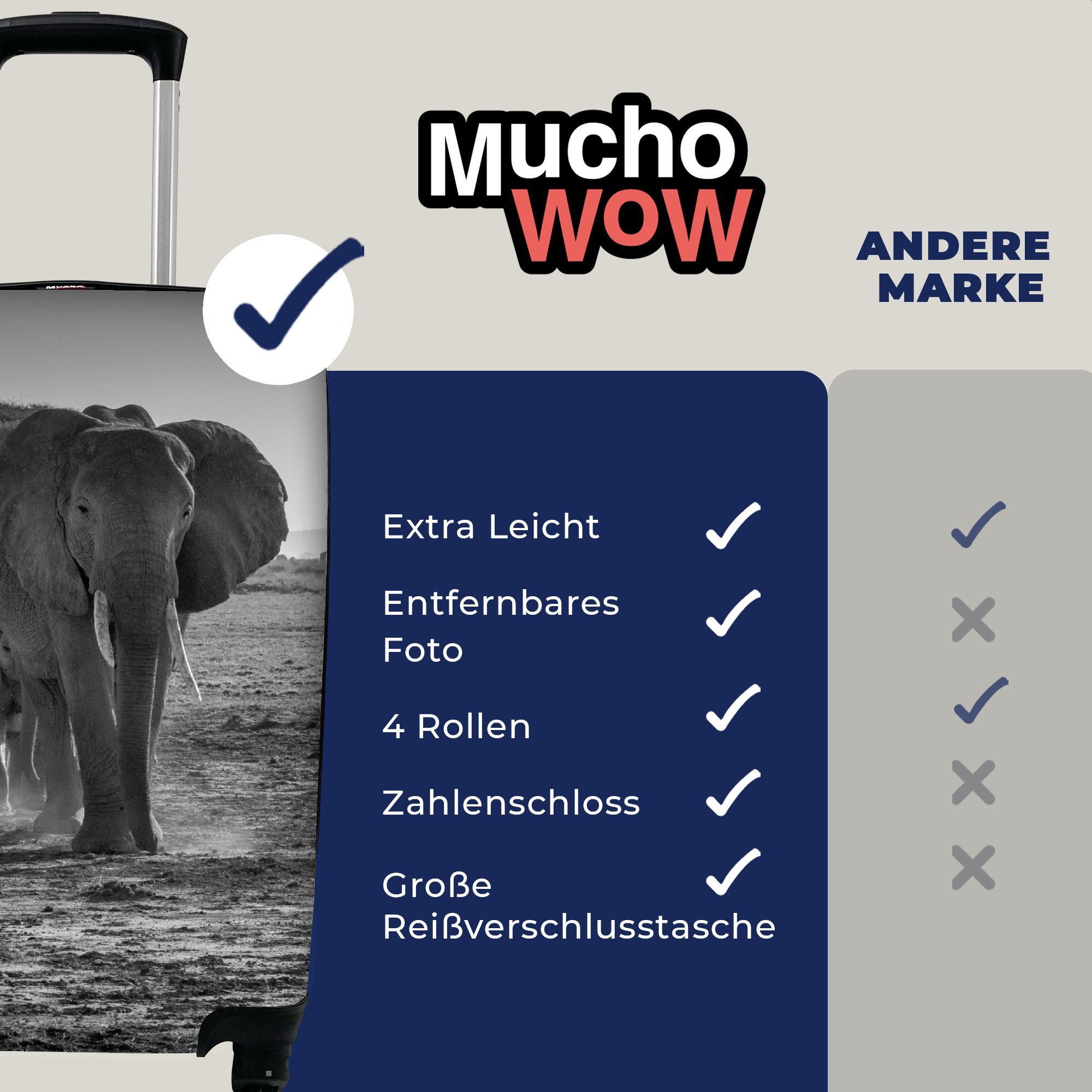 MuchoWow Handgepäckkoffer Elefant - Trolley, Schwarz mit Weiß, Einfarbig - Tiere Ferien, Rollen, 4 - für Reisetasche rollen, - Reisekoffer Handgepäck
